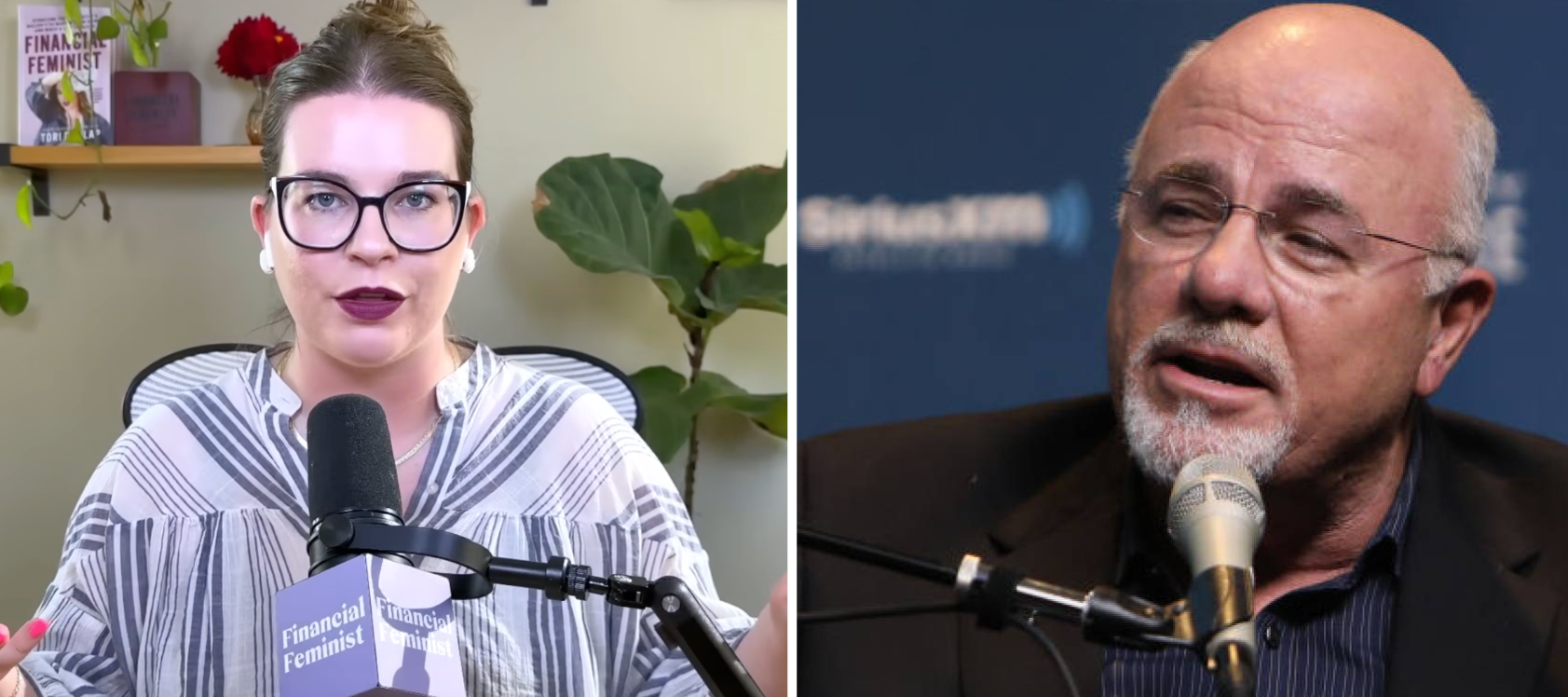 On the left Tori Dunlap speaks on the "Financial Feminist" podcast, on the right Dave Ramsey speaks at event