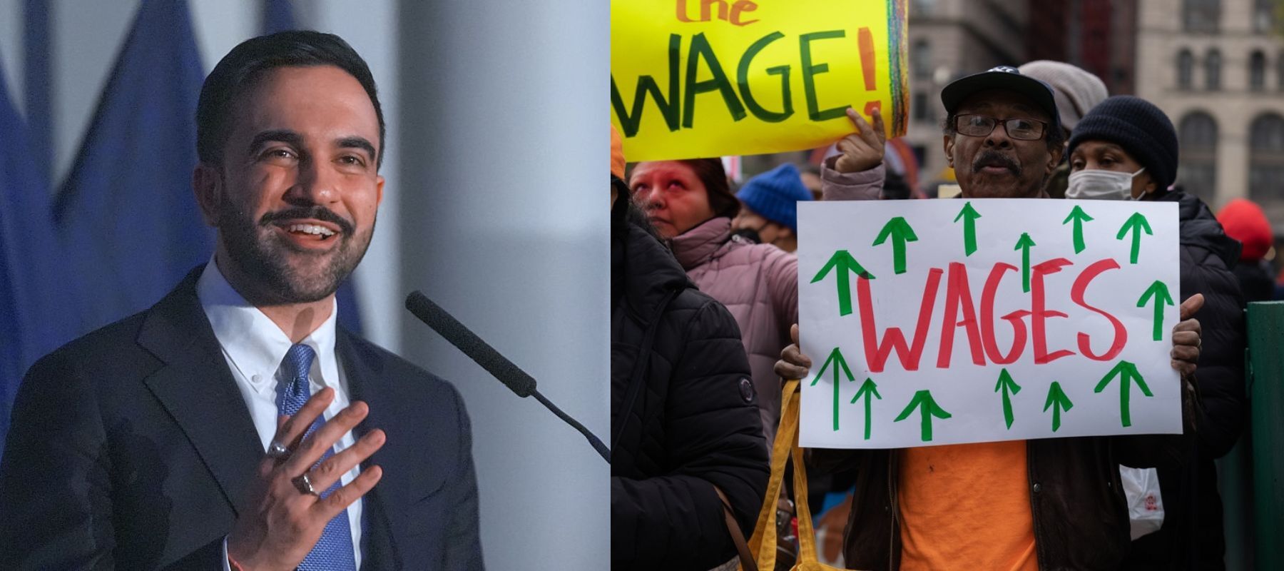 Mayor Zohran Mamdani and a man holding a protest sign