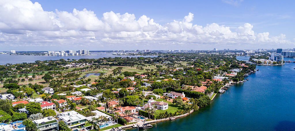 An aerial view of waterfront homes on 5500 block Pine Tree Drive, Miami Beach, Florida.