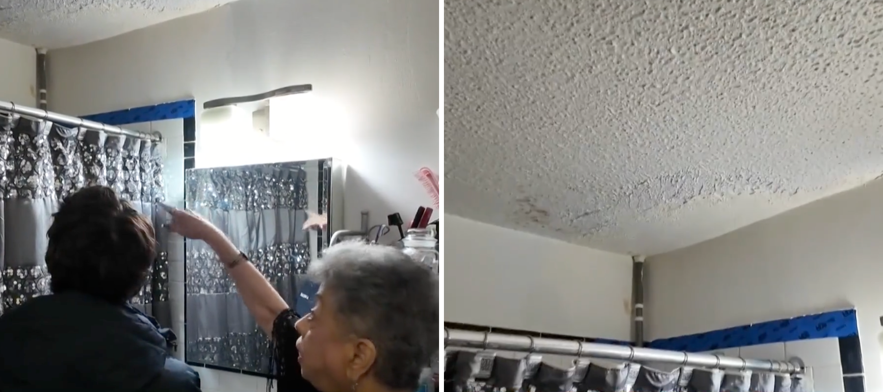 On the left an NYC tenant in affordable housing explains apartment issues, on the right damage to ceiling is shown