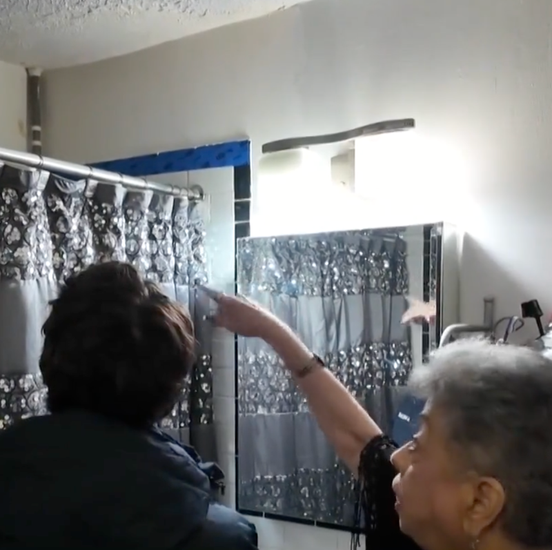 On the left an NYC tenant in affordable housing explains apartment issues, on the right damage to ceiling is shown