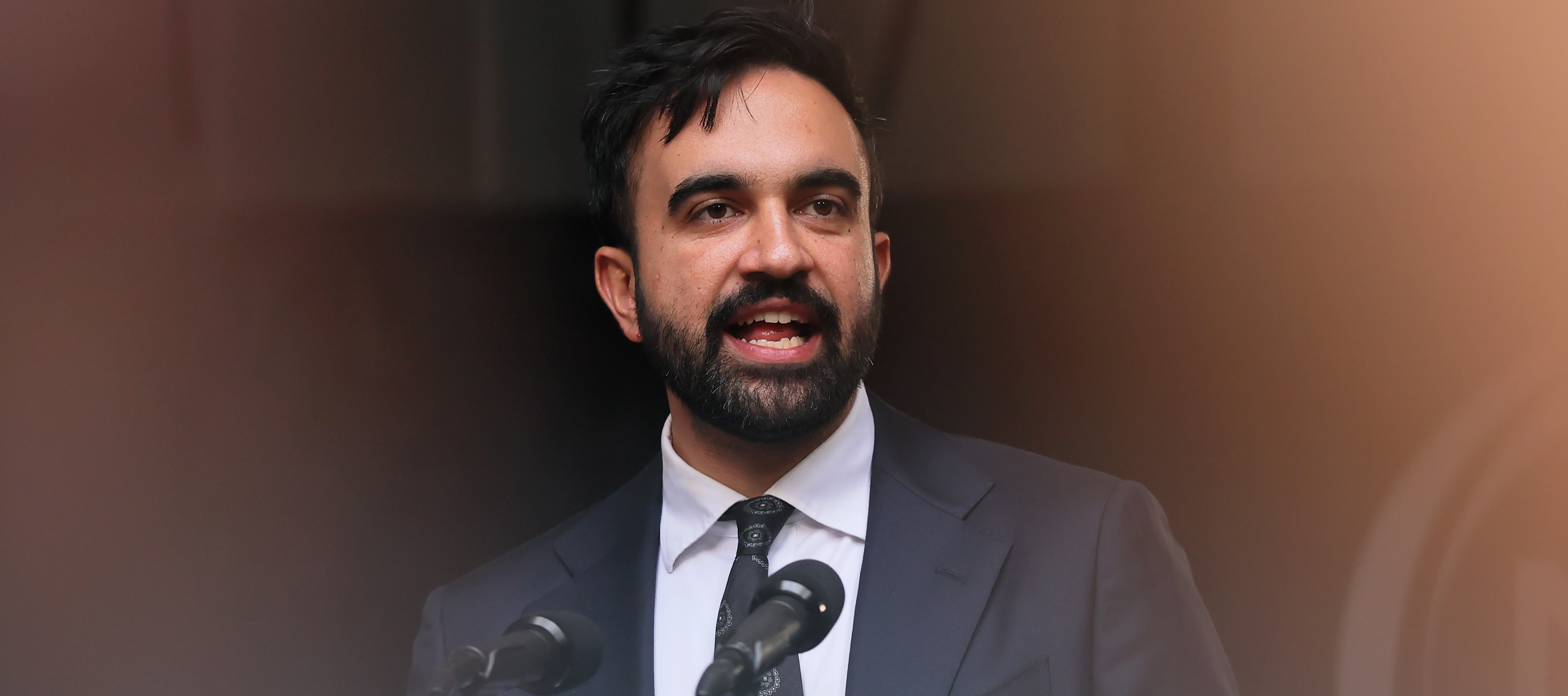 New York mayor Zohran Mamdani speaks during the March on Wall Street.