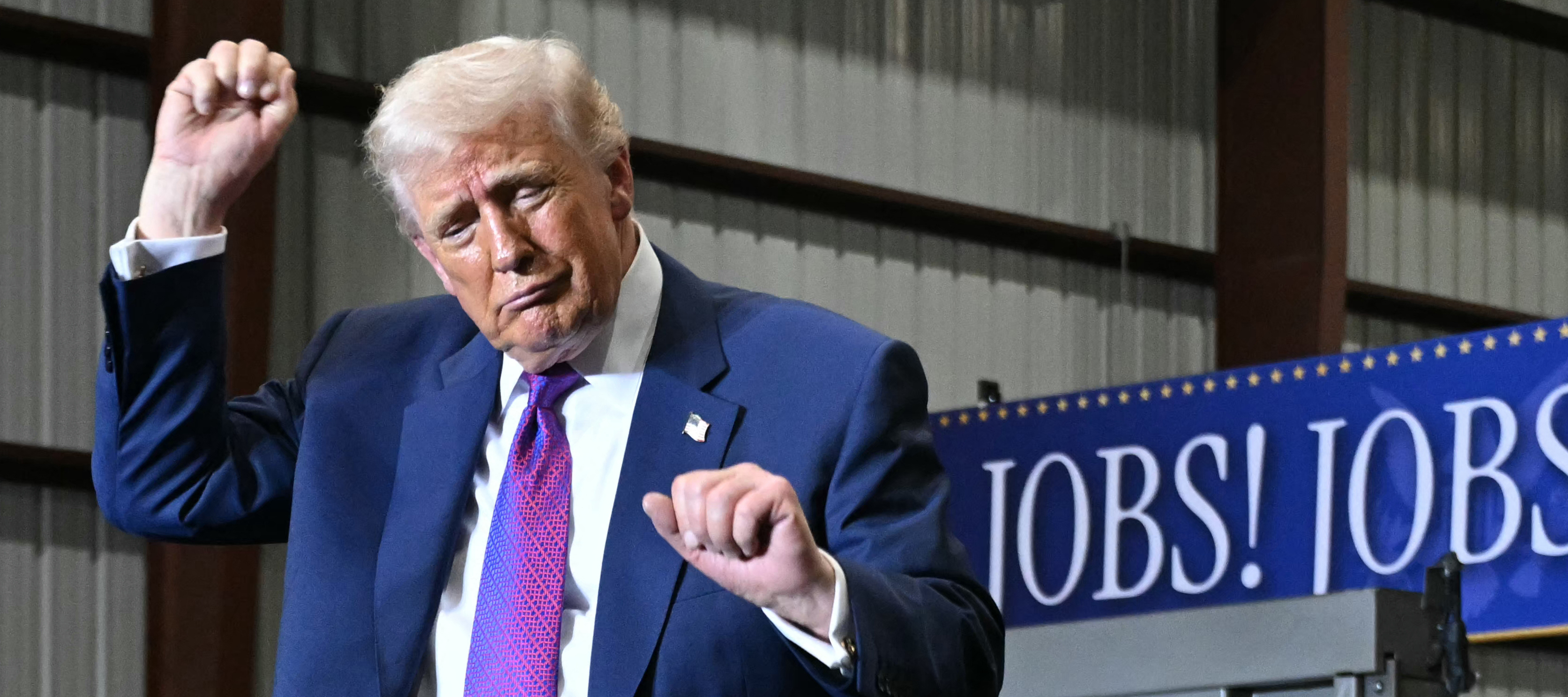 President Donald Trump dances following his speech at the Coosa Steel plant in Rome, Georgia, Feb. 19, 2026.