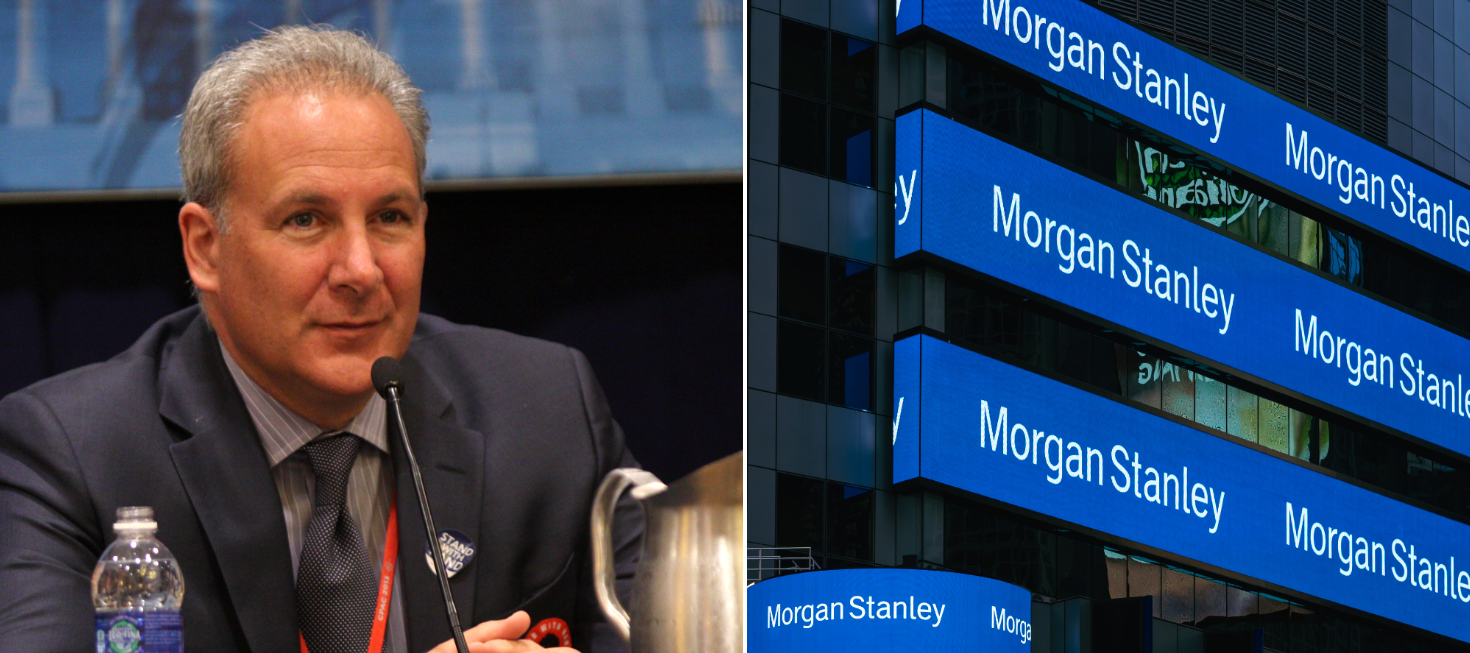 A compilation of Peter Schiff on the left and the Morgan Stanley offices on the right.