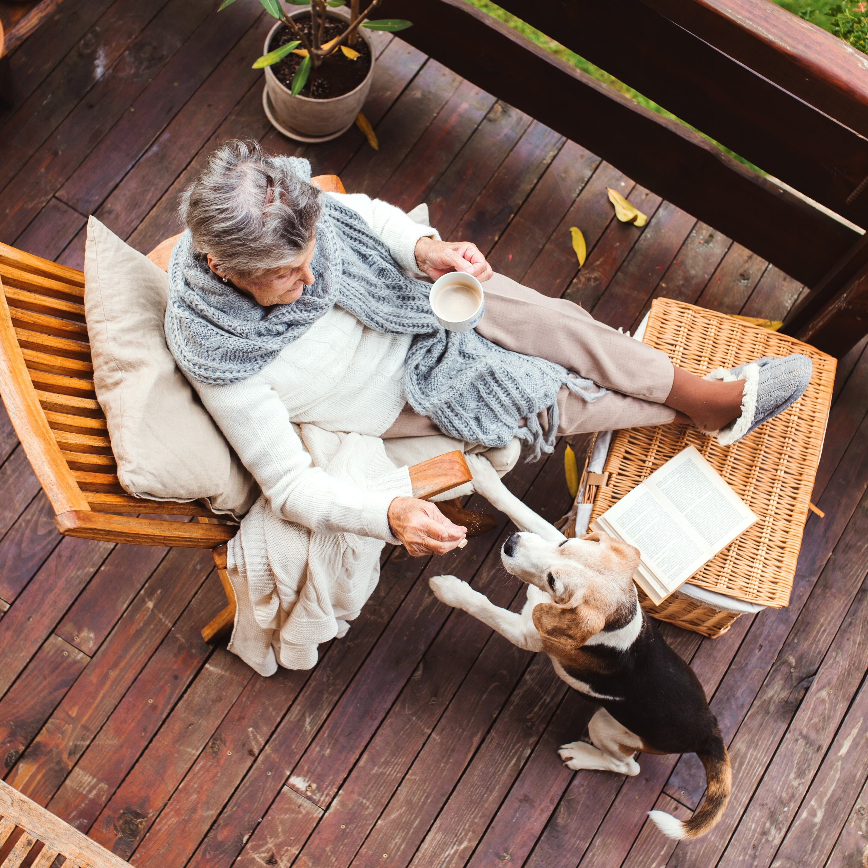 Retired woman relaxing on porch with her dog.