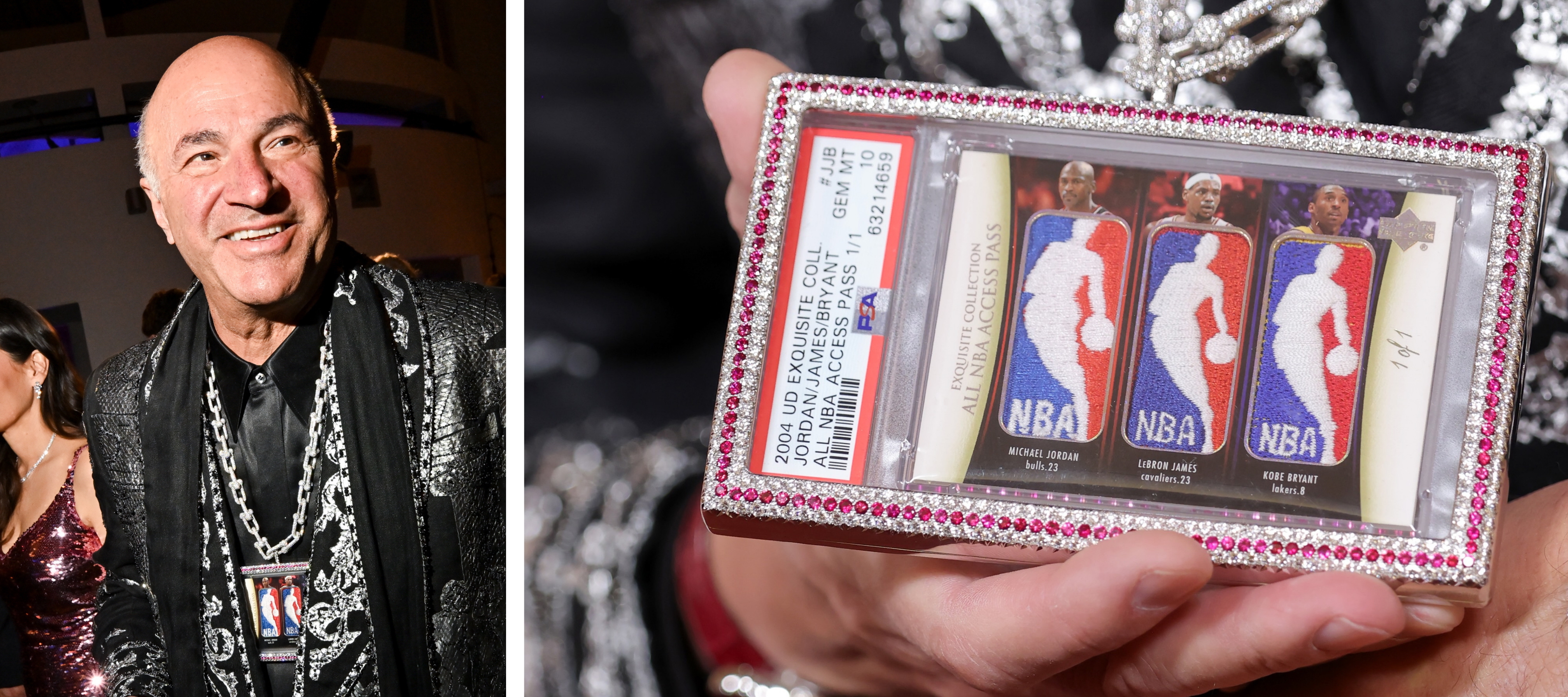 A composition image of Kevin O'Leary in a black and silver suit on the left, and a close-up of his white gold and ruby encrusted NBA necklace on the right.