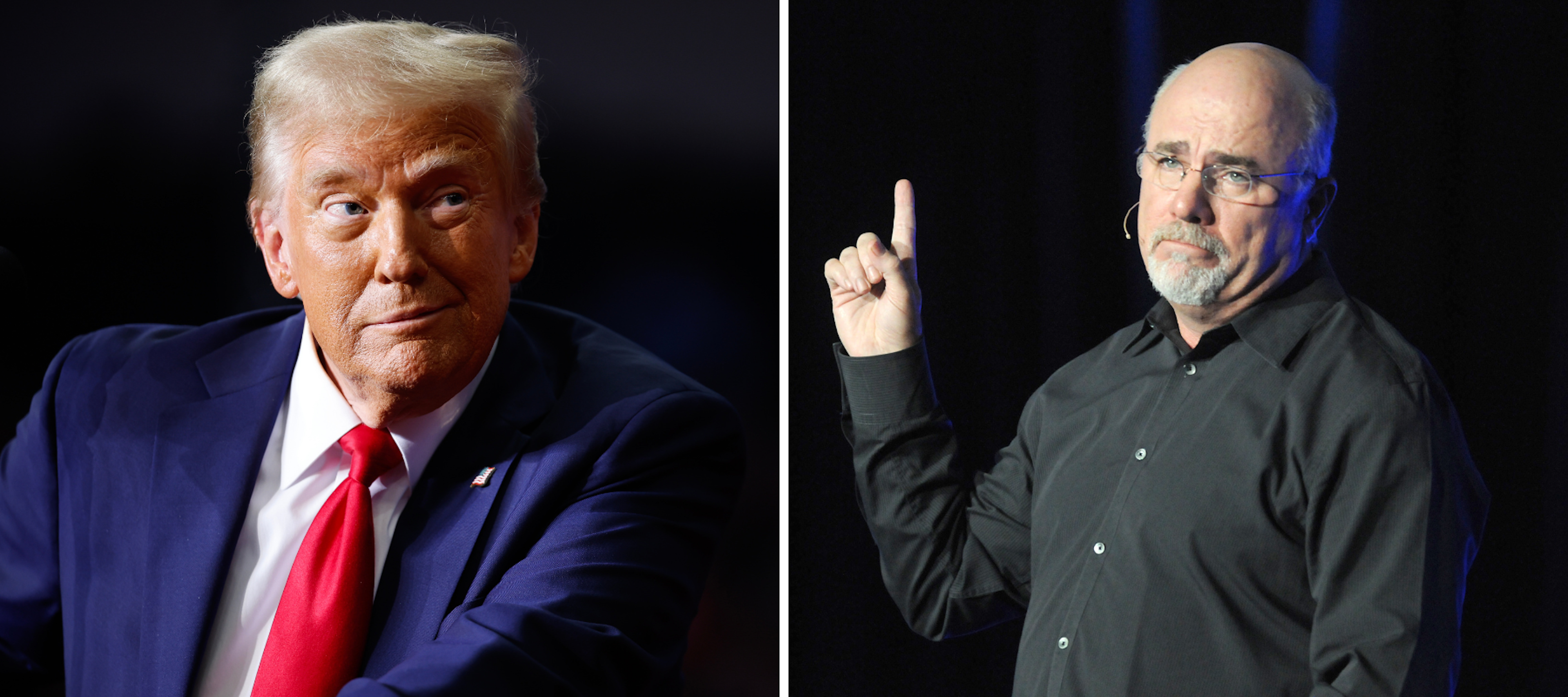 Side-by-side image of Donald Trump looking amused and Dave Ramsey looking skeptical.