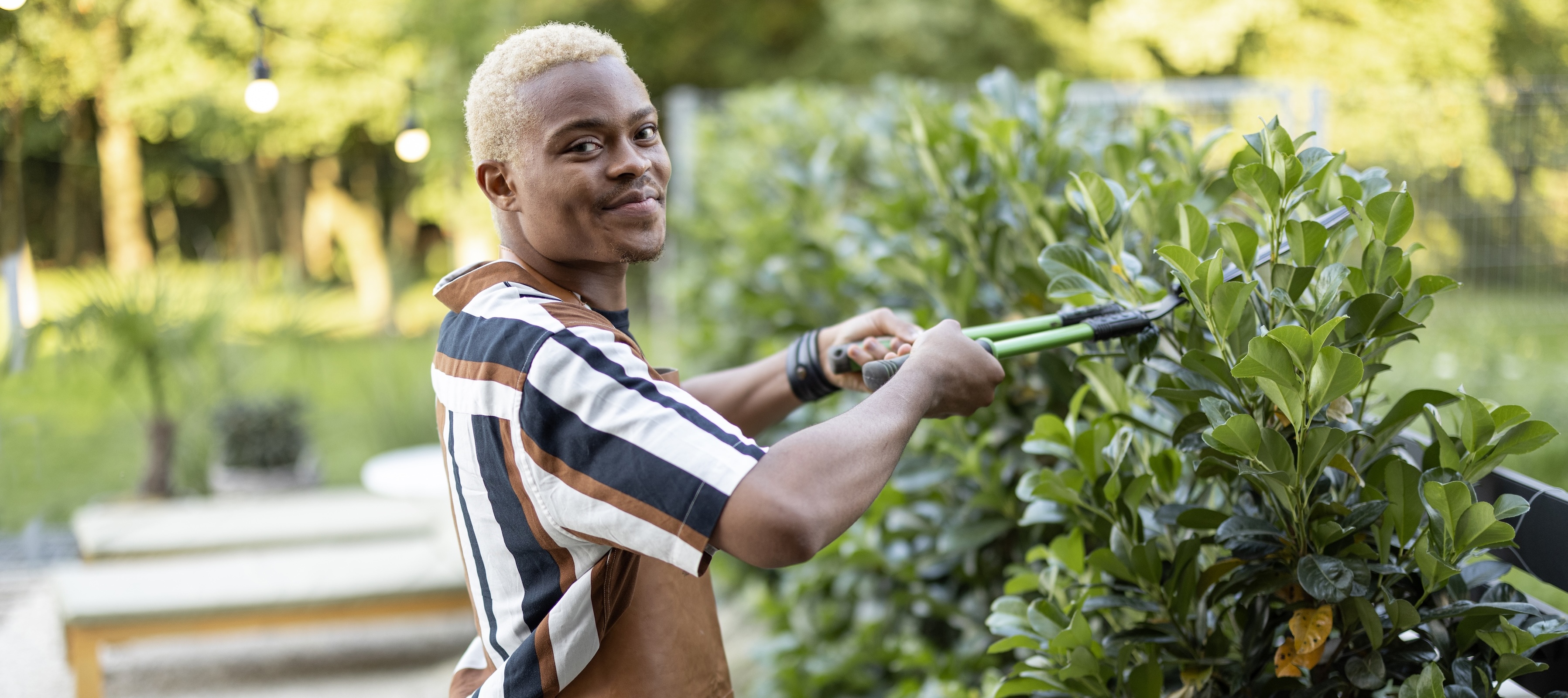 A smiling man with closely cropped blonde hair stands in a suburban backyard trimming green leafy bushes with green handled shears.