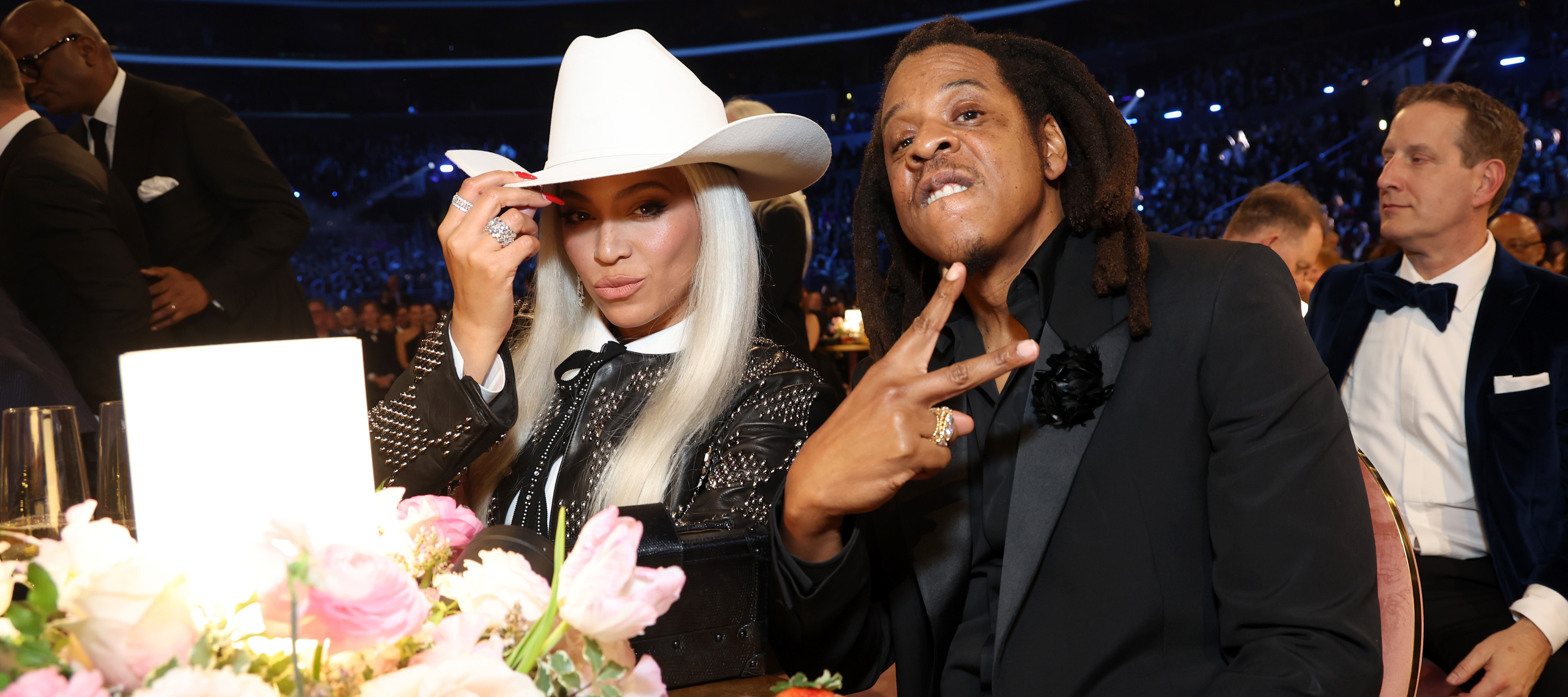 Beyoncé and Jay-Z onstage during the 66th GRAMMY Awards in Los Angeles, California.