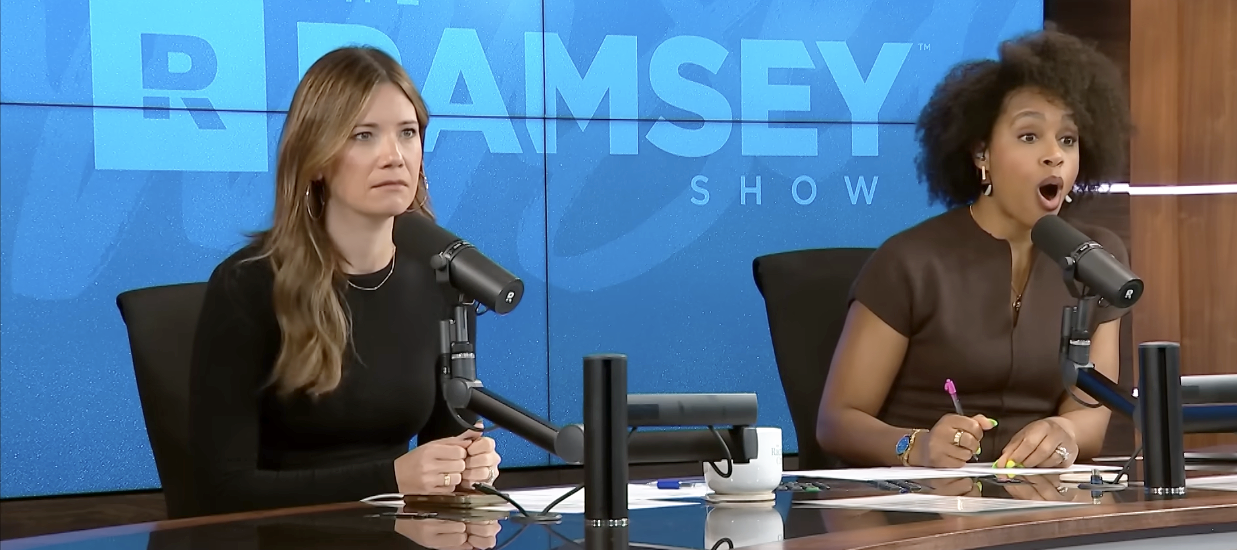 The Ramsey Show co-hosts Rachel Cruze (left) and Jade Warshaw speak on-air with caller Marie.