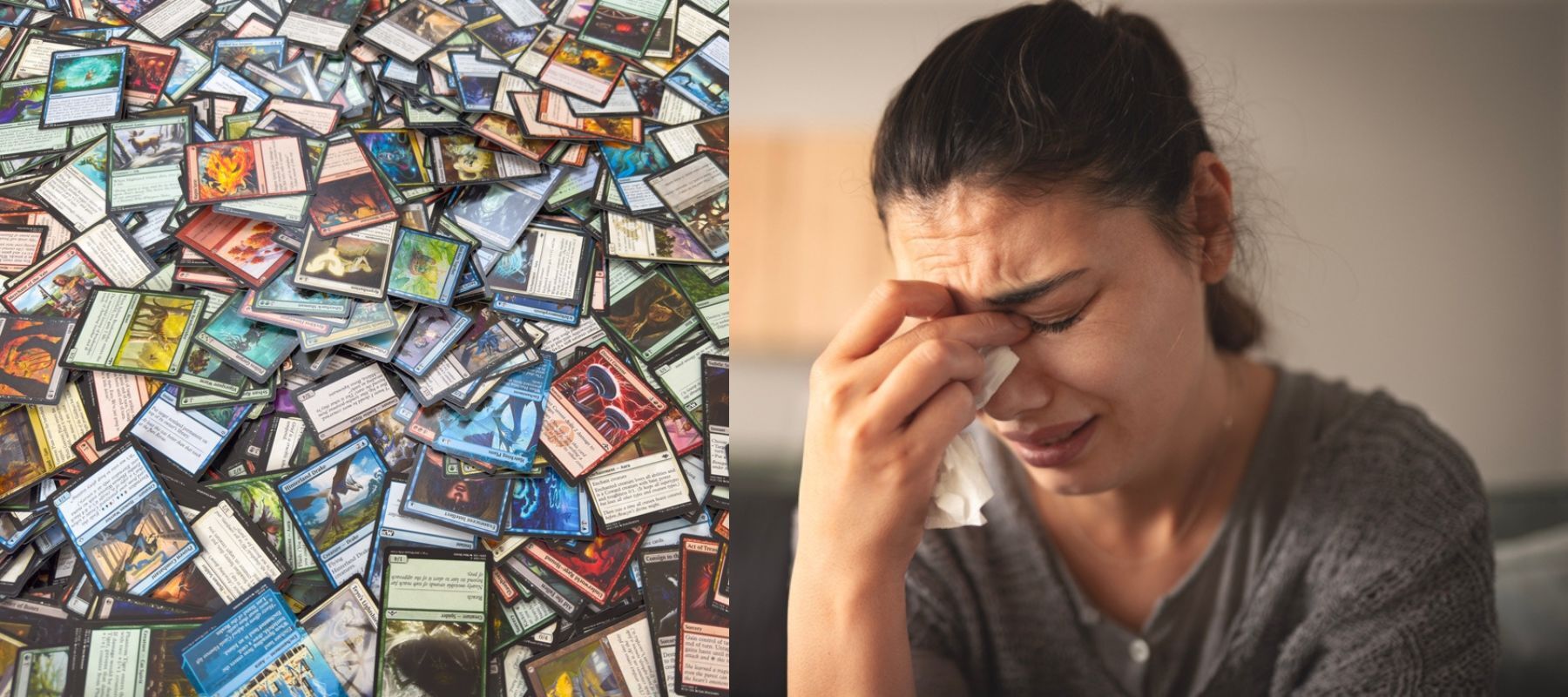 Image of trading cards and a woman crying