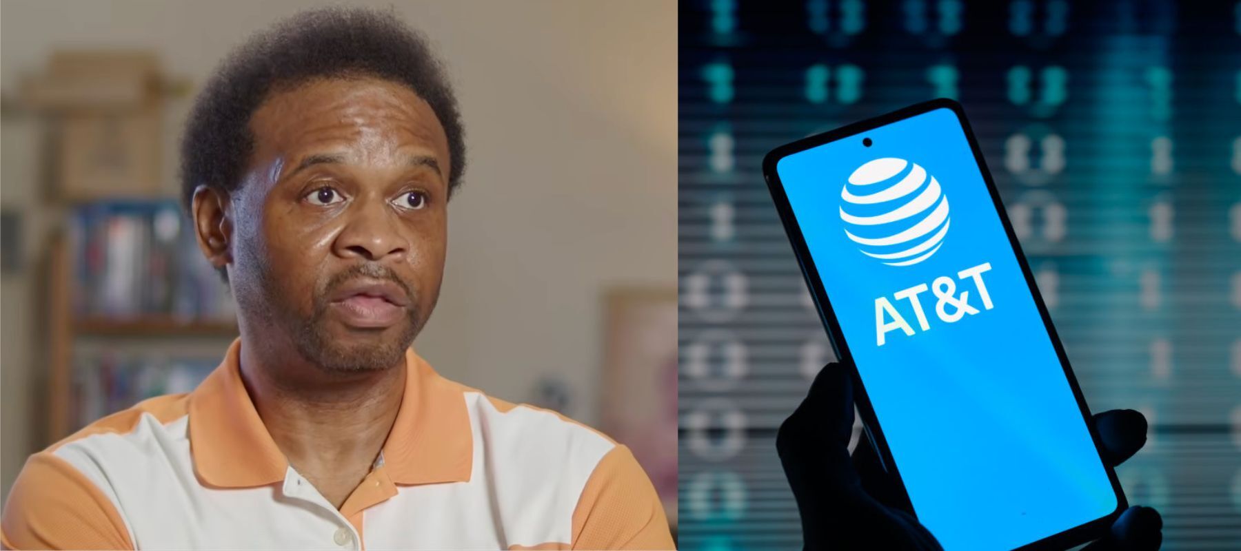 Man being interviewed and AT&T logo on smartphone