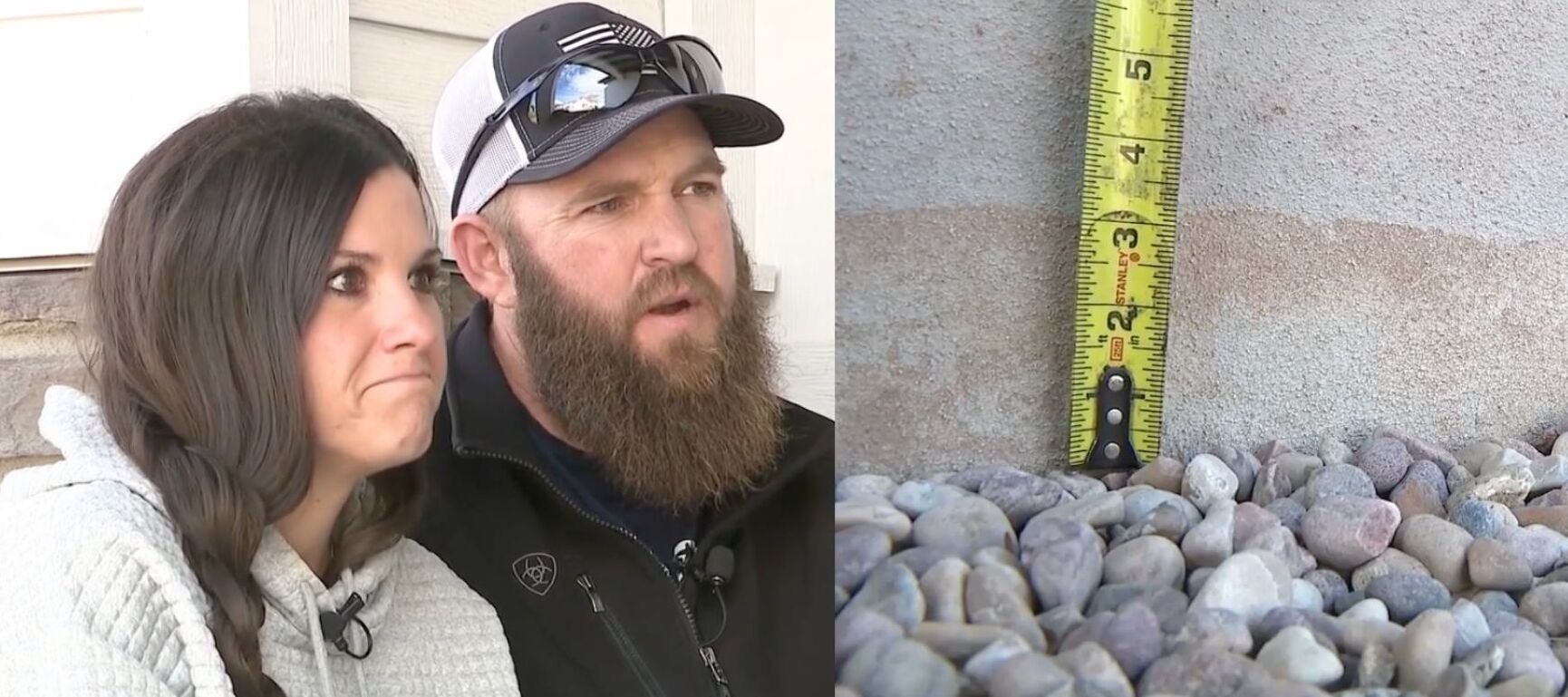Man and woman being interviewed and a photo of a sinking home