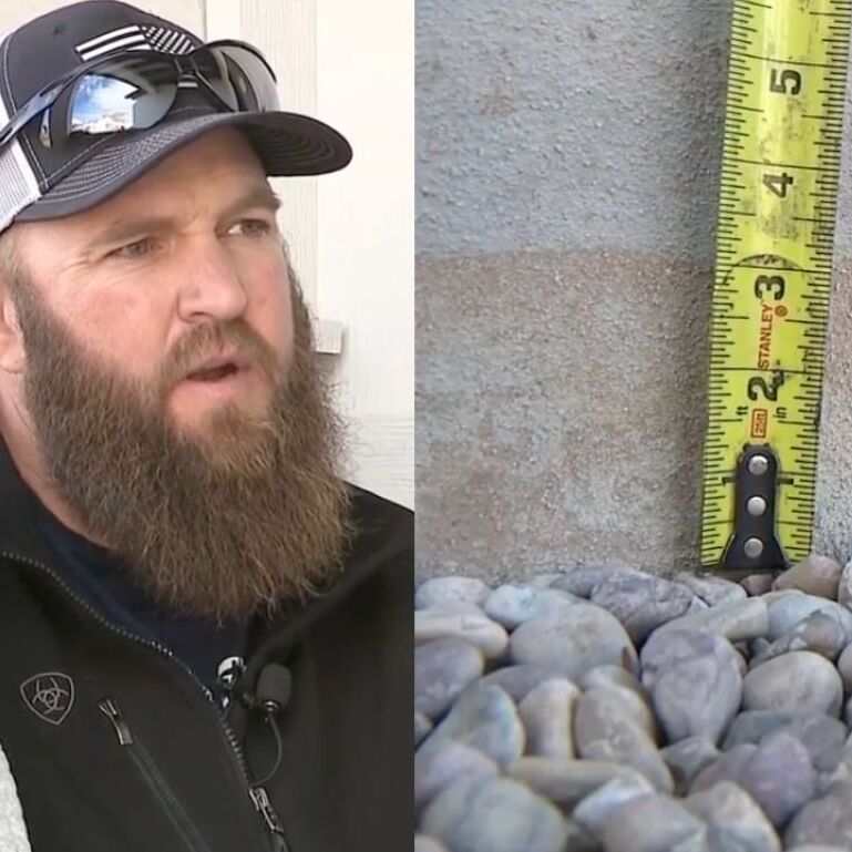Man and woman being interviewed and a photo of a sinking home