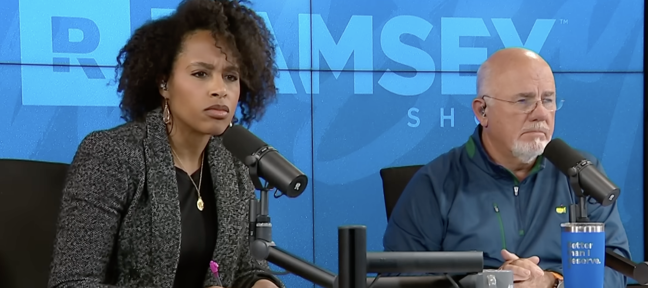 The Dave Ramsey Show hosts Jade Warshaw and Dave Ramsey listen intently to a caller's dilemma.