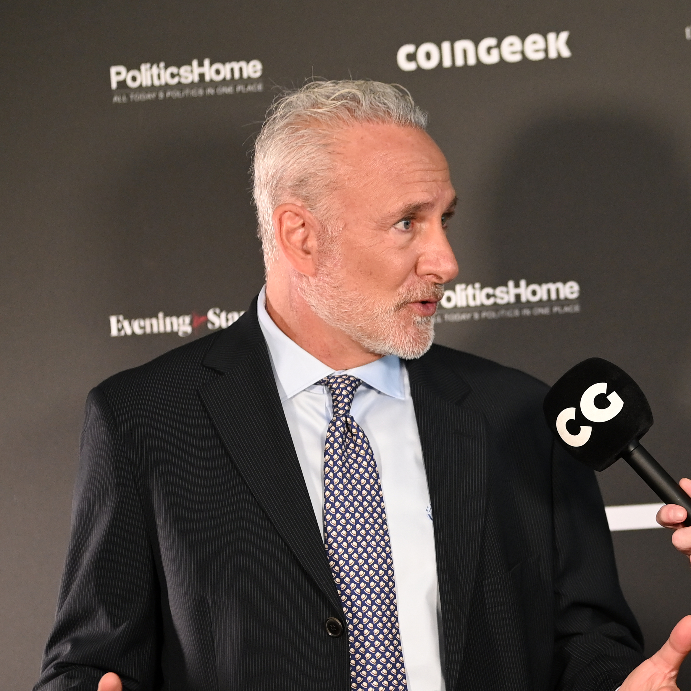 A close up of Peter Schiff being interviewed at the London Blockchain conference.