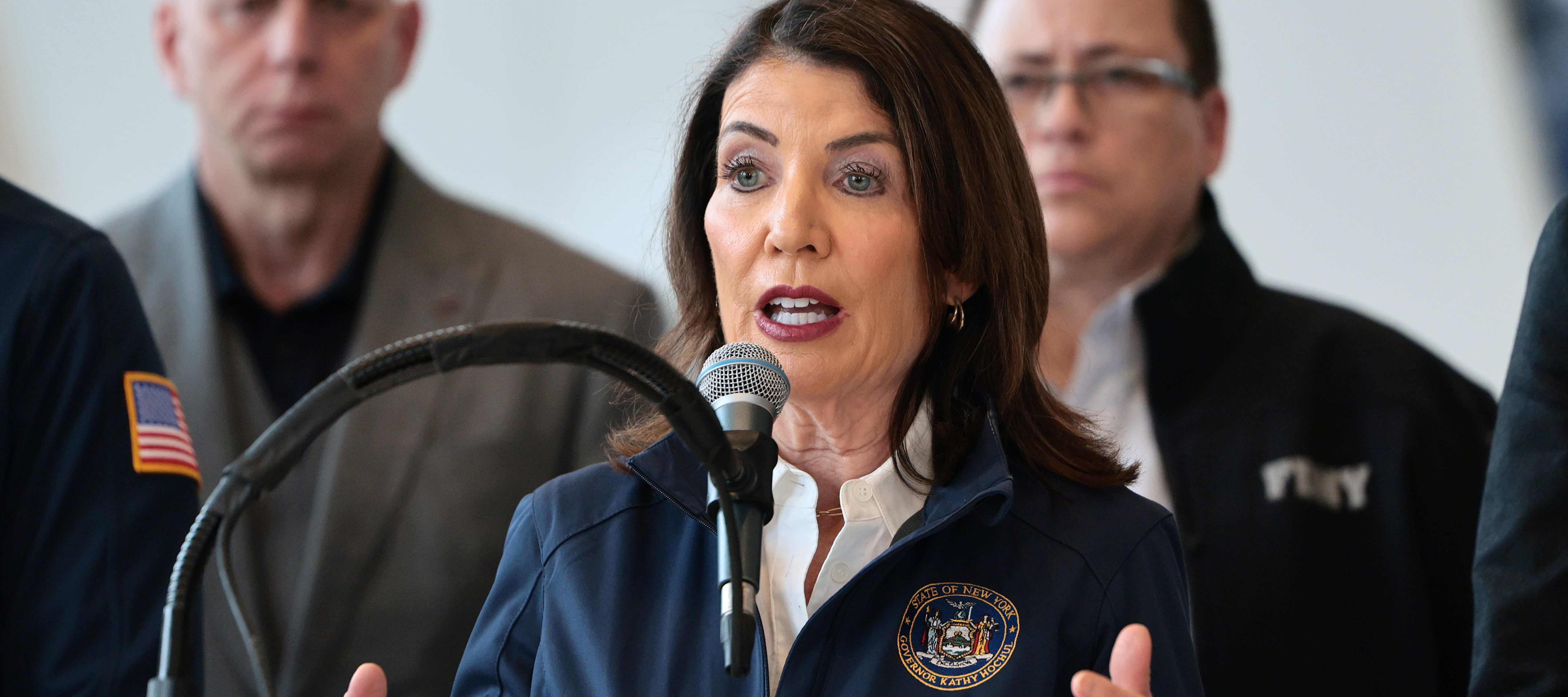 New York Gov. Kathy Hochul speaks during a press conference on the Air Canada Express crash at Terminal B in LaGuardia Airport on March 23, 2026.
