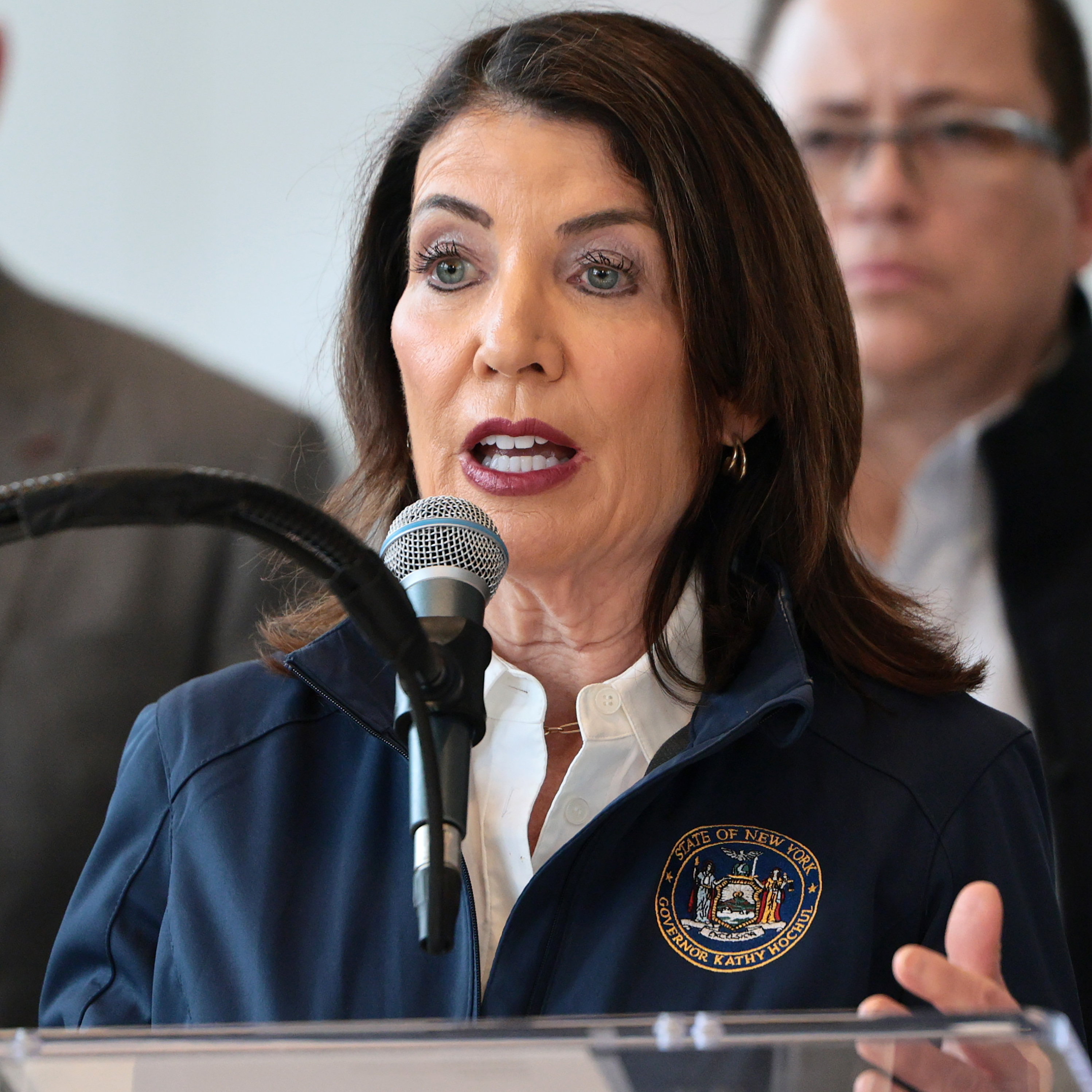 New York Gov. Kathy Hochul speaks during a press conference on the Air Canada Express crash at Terminal B in LaGuardia Airport on March 23, 2026.