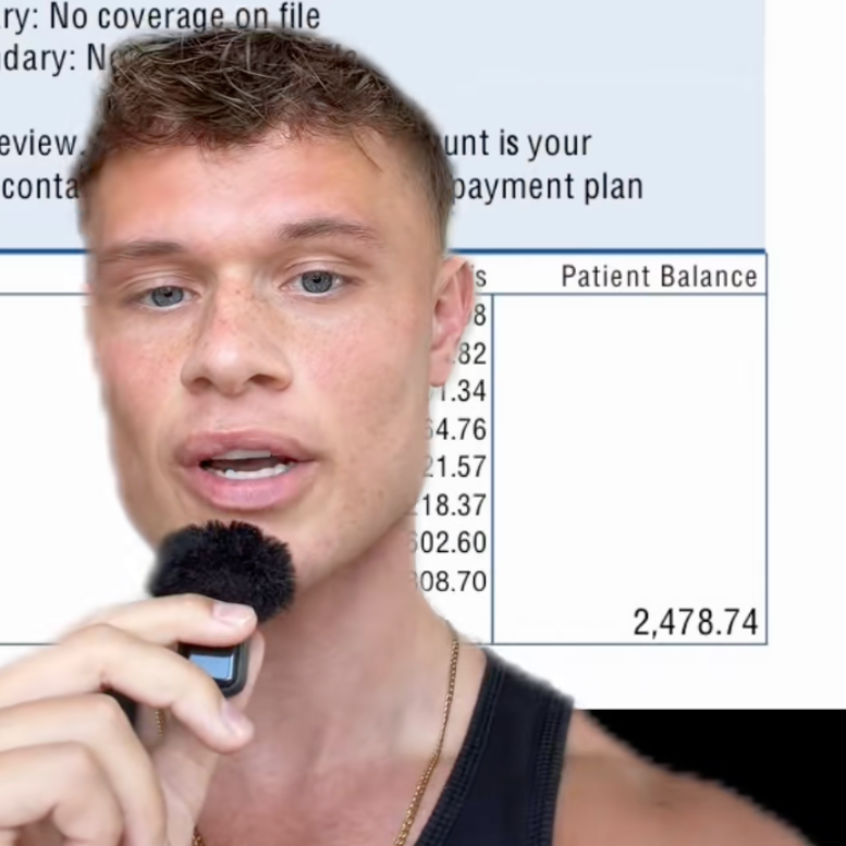On the left a TikToker shows his hospital bill while telling a story about his experience, on the right there is an MRI machine.