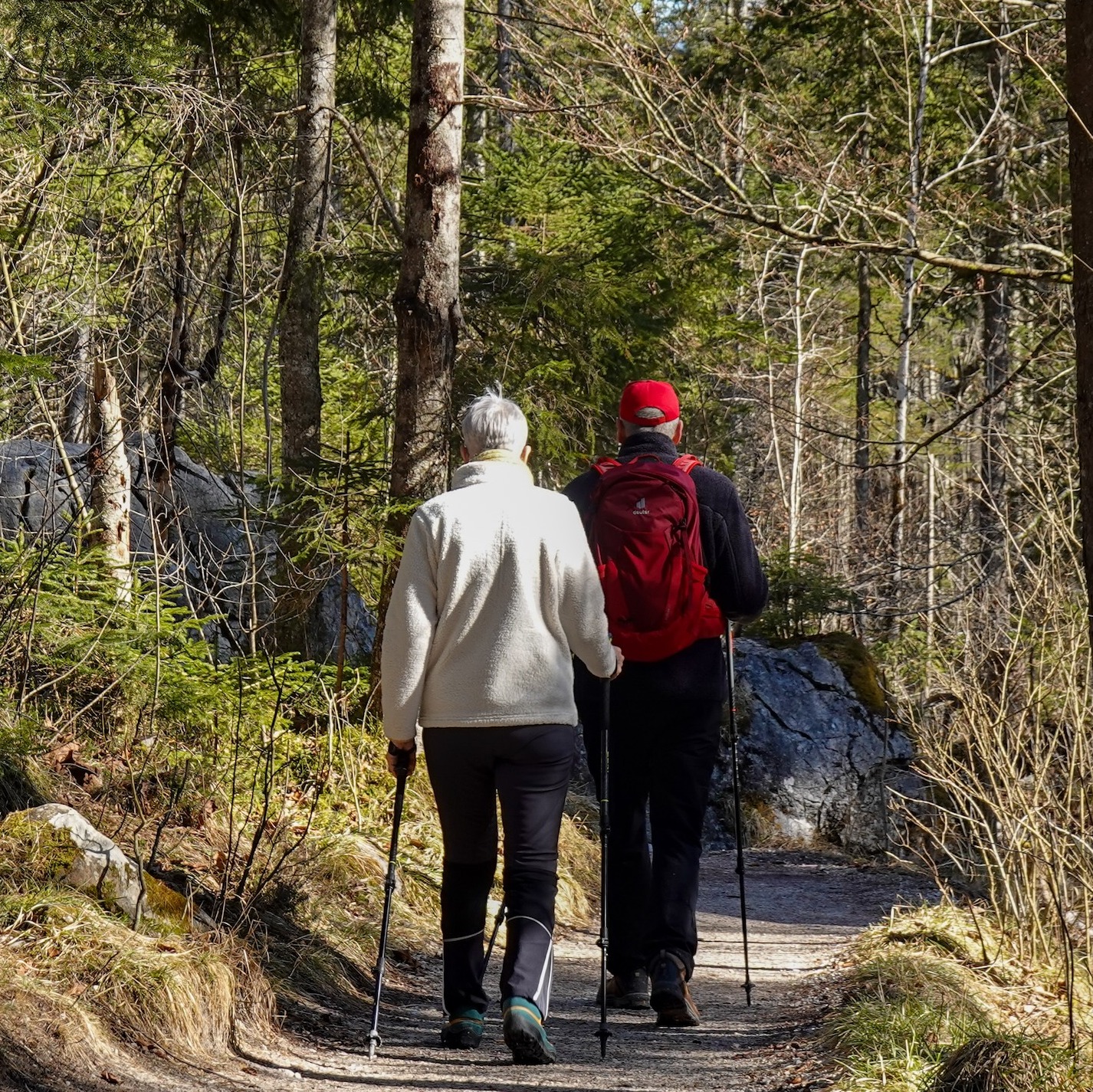 A retired couple takes a walk through the forest during the spring.
