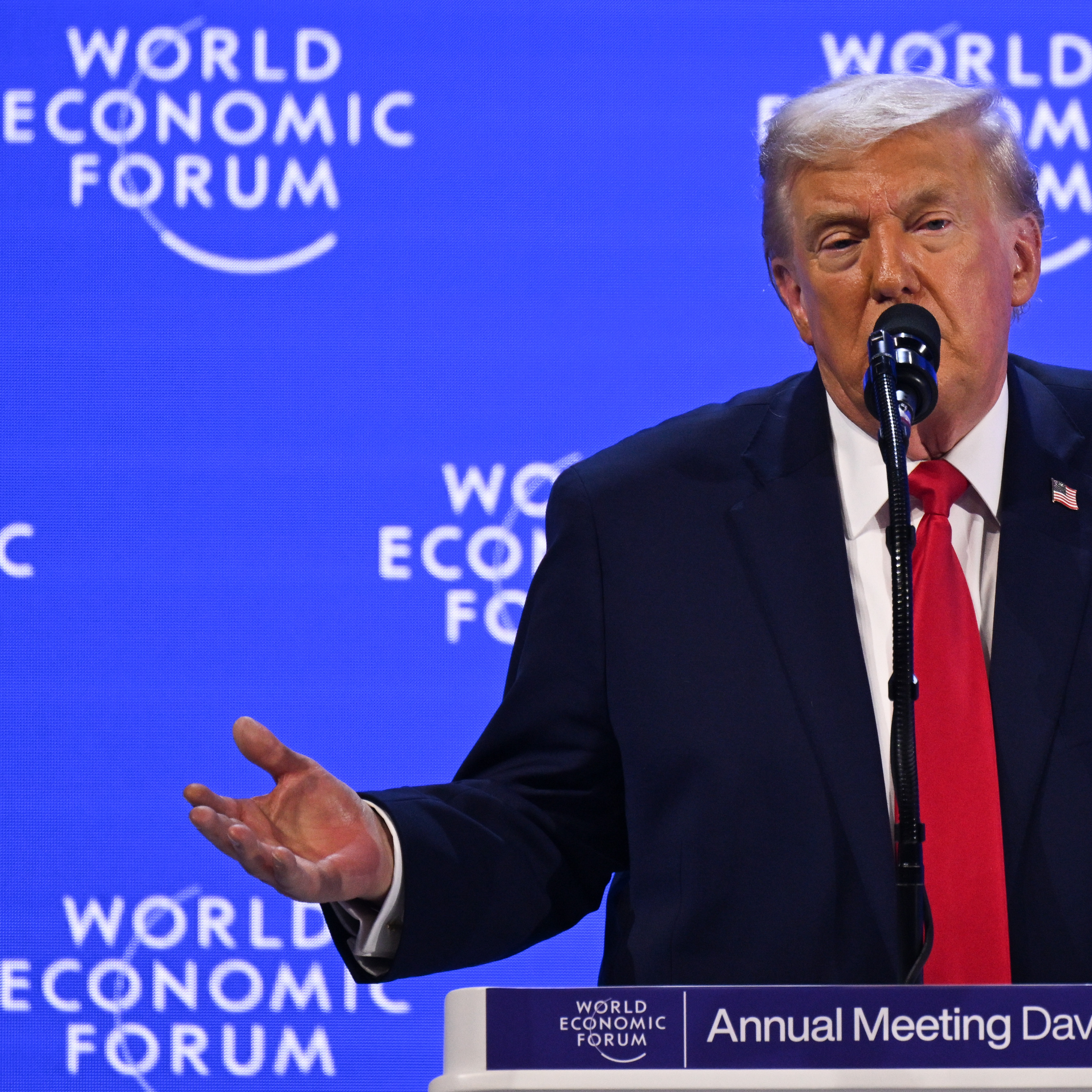 Donald Trump speaks at the World Economic Forum in Davos in January 2026.