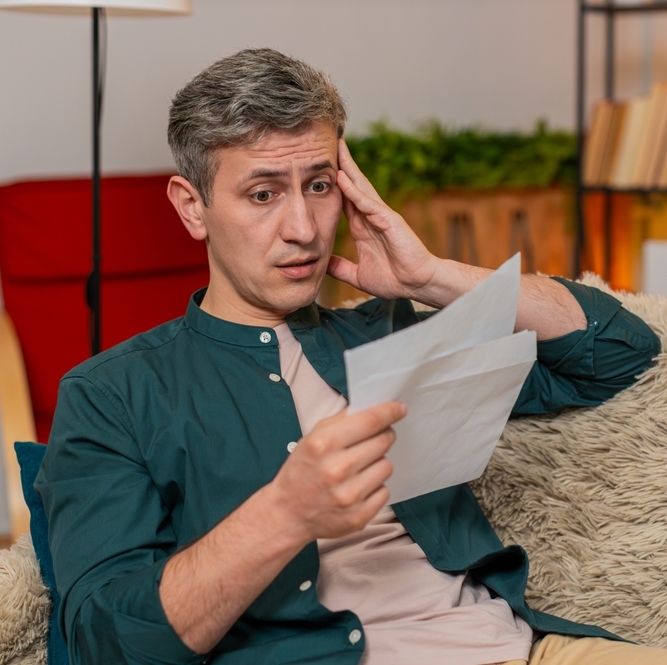 Man reading papers looking confused