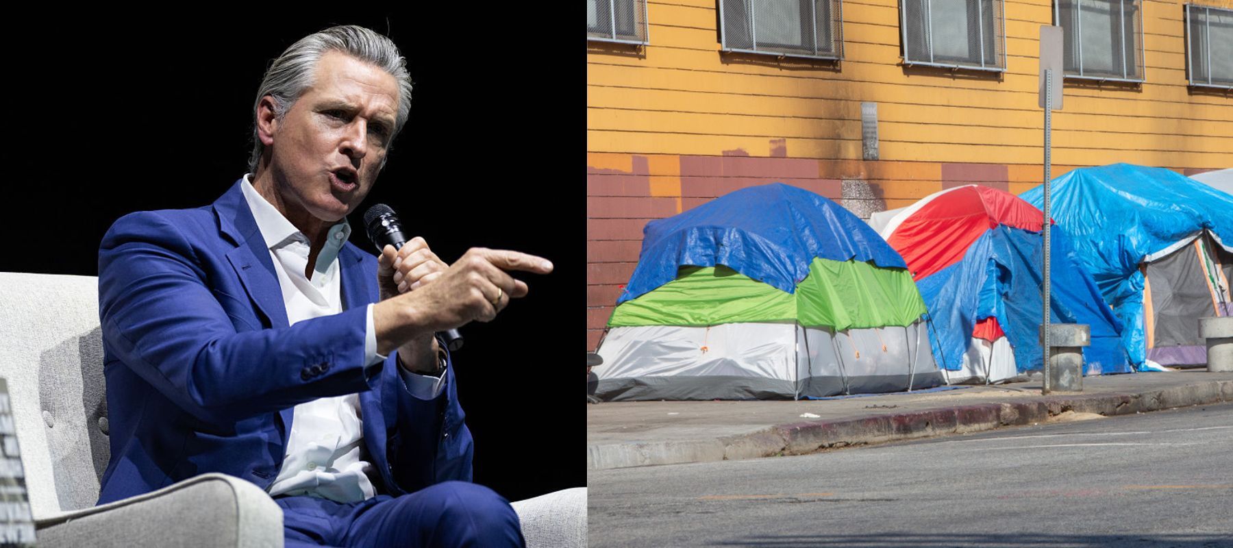 Photos of Gavin Newsom and a homeless encampment on a sidewalk