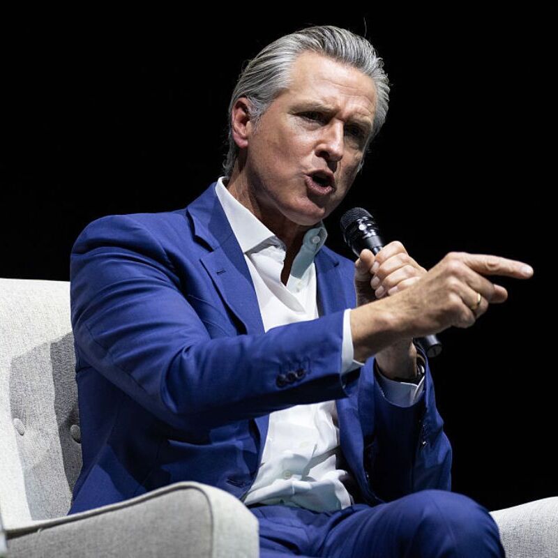 Photos of Gavin Newsom and a homeless encampment on a sidewalk