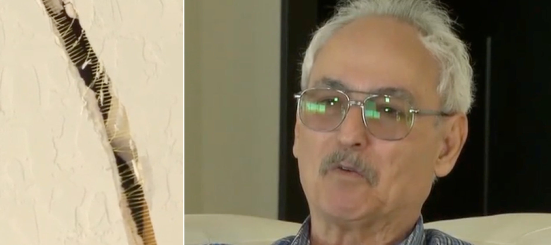 A compilation image of a wide crack in stucco on the left and Lake Las Vegas resident Willie Barron on the right.