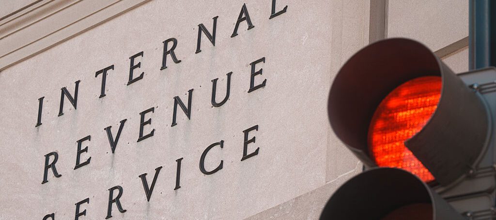 Internal Revenue Service is engraved over the entrannce to the headquarters building.