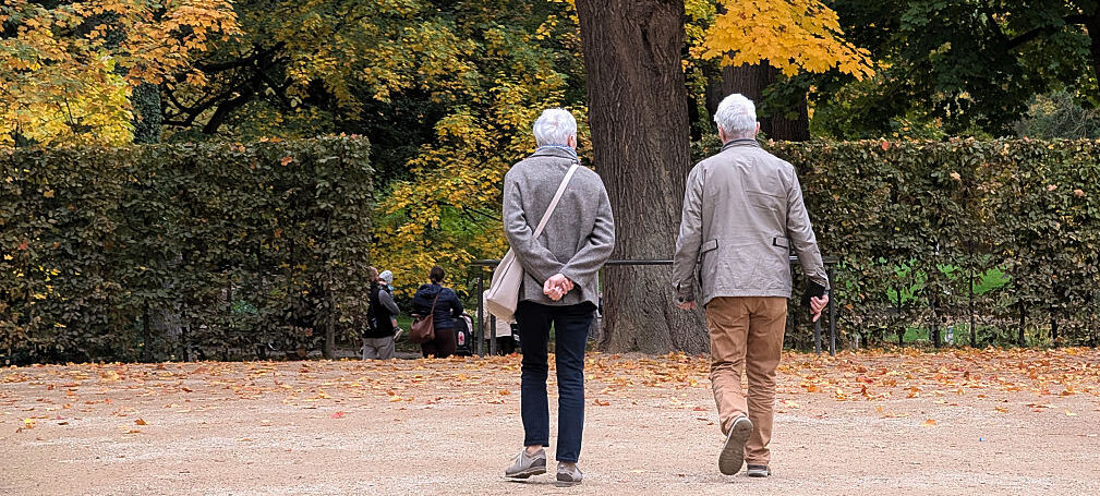 A senior couple walks through a park surrounded by autumn foliage.