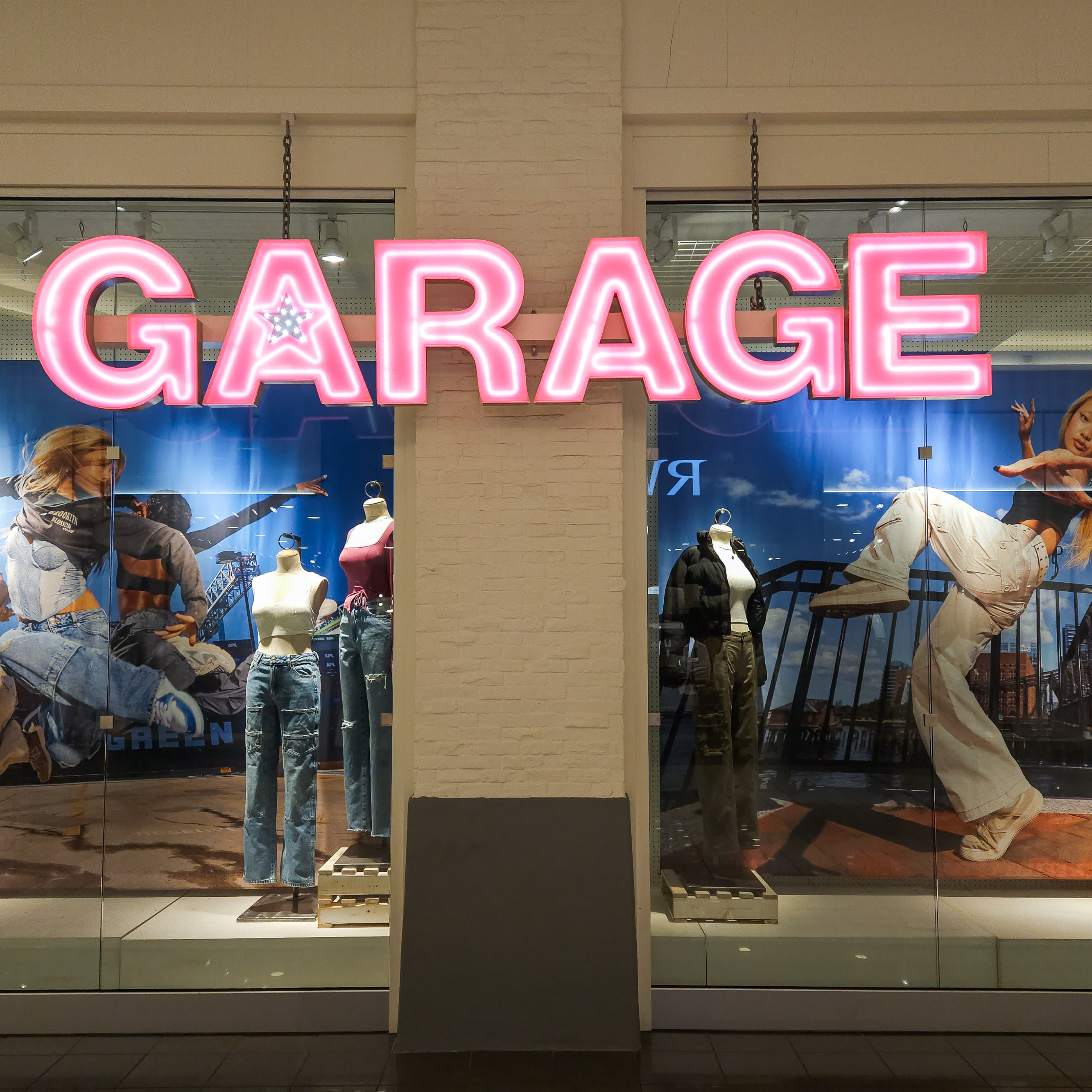 View of the Garage clothing store and logo inside a local Edmonton shopping center.