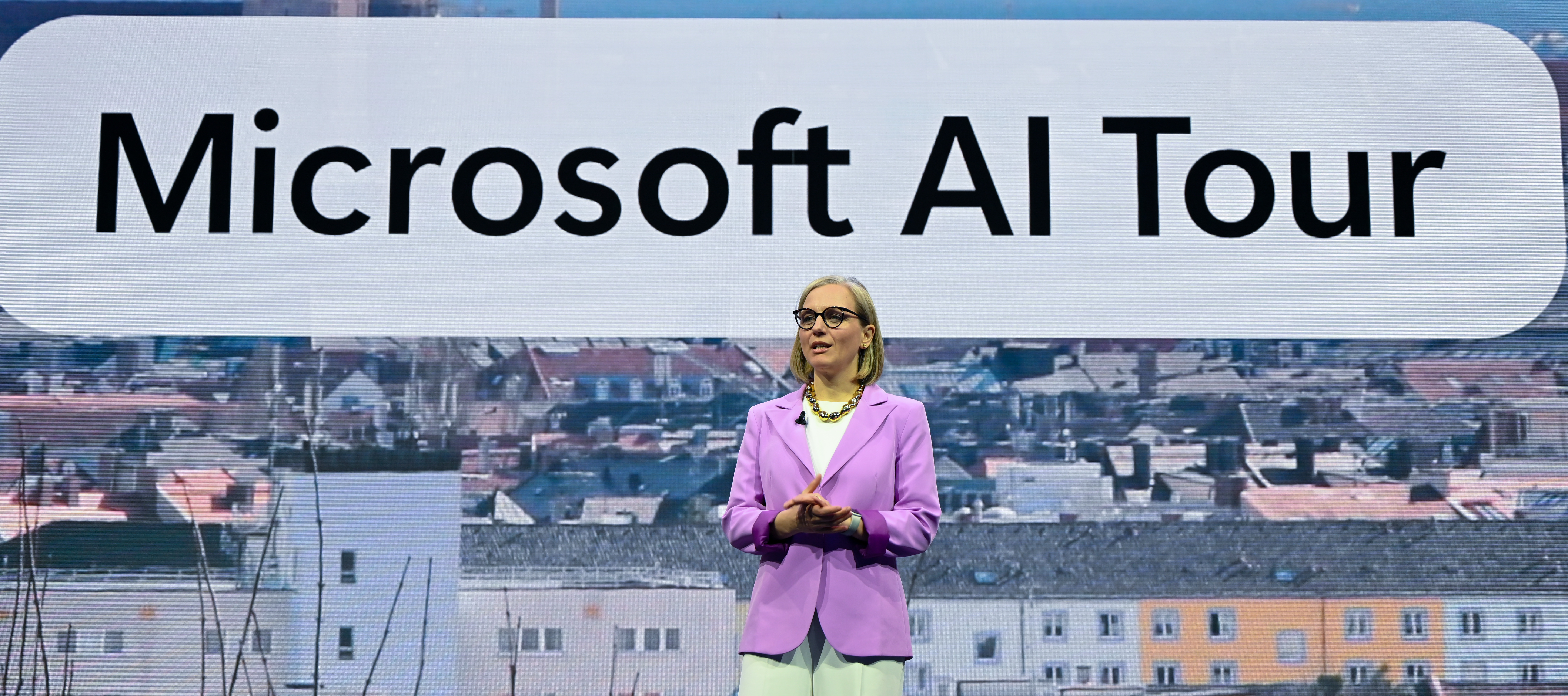 Agnes Heftberger, Managing Director of Microsoft Germany, speaks on stage during the Microsoft AI Tour