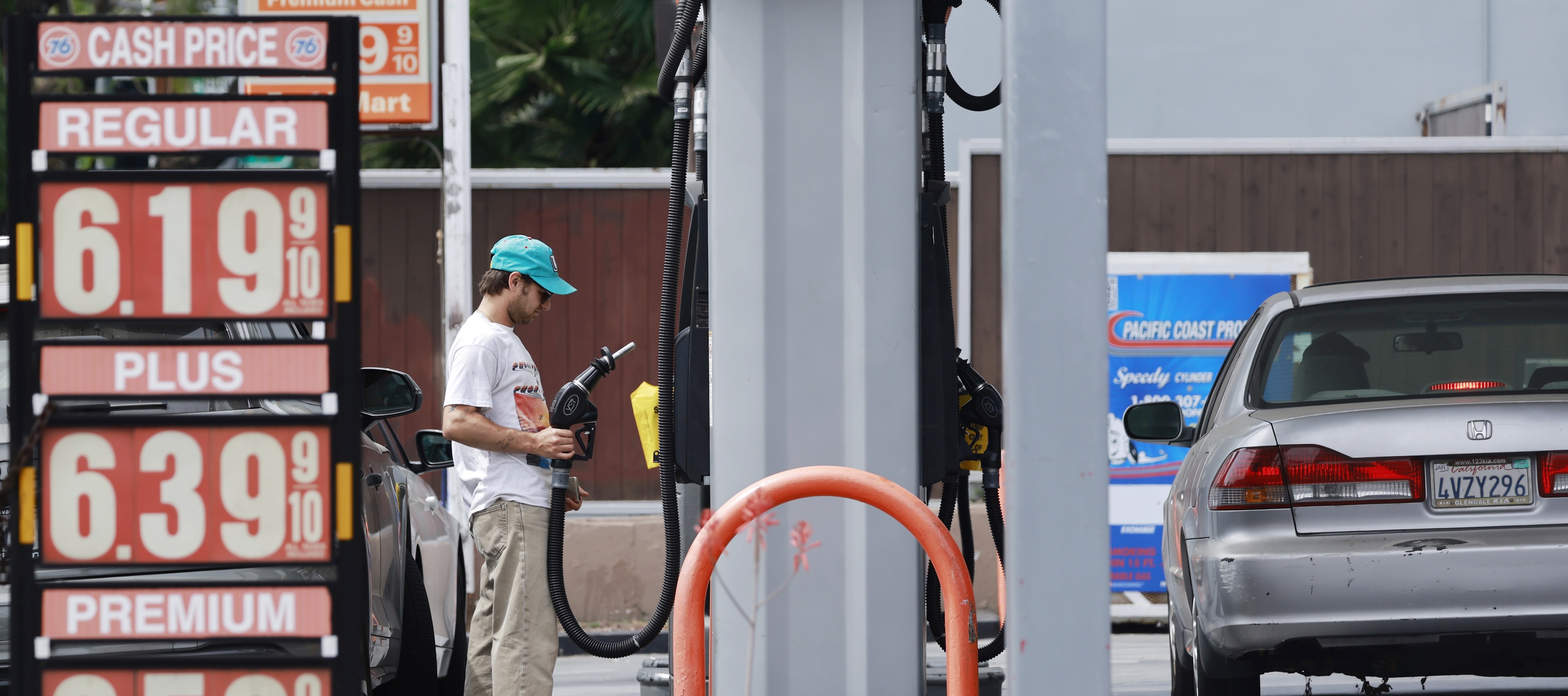 Gas prices are displayed at a Shell gas station on March 30, 2026 in Los Angeles, California.
