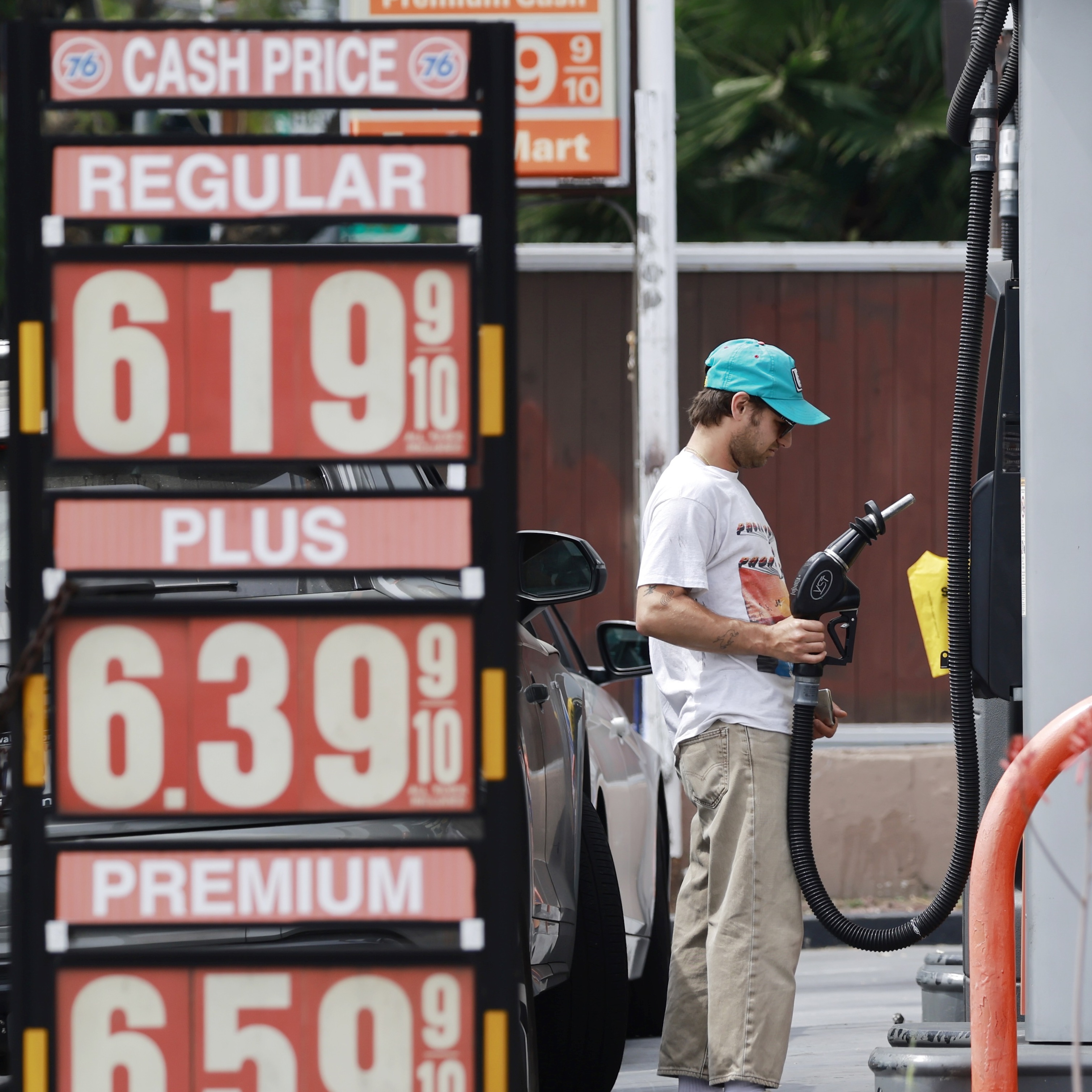 Gas prices are displayed at a Shell gas station on March 30, 2026 in Los Angeles, California.