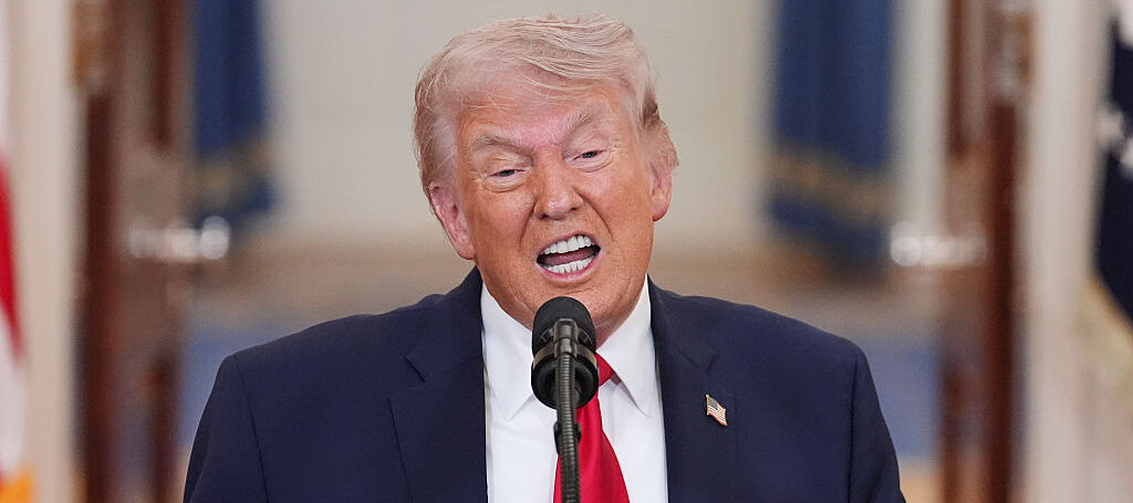 U.S. President Donald Trump speaks from the Cross Hall of the White House on April 1, 2026 in Washington, DC.