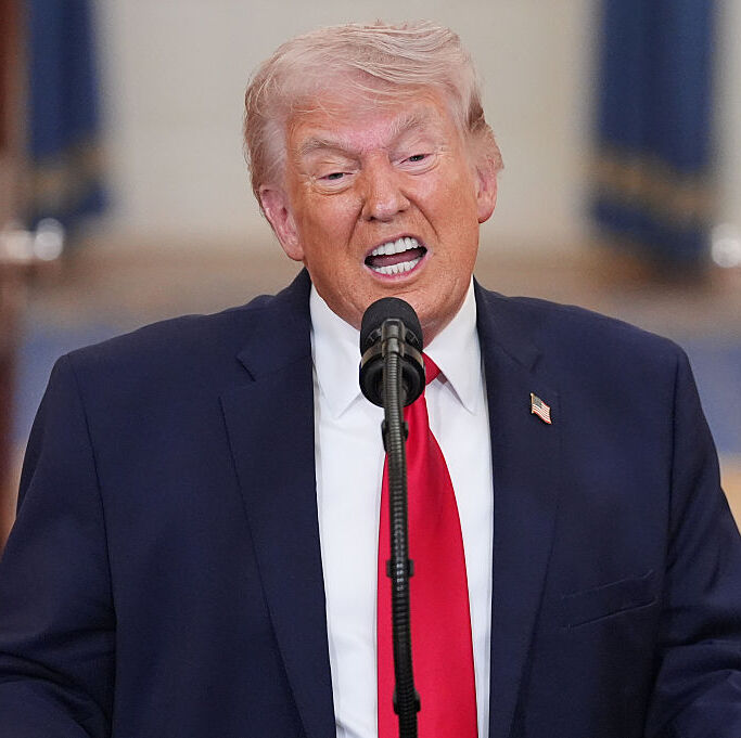 U.S. President Donald Trump speaks from the Cross Hall of the White House on April 1, 2026 in Washington, DC.