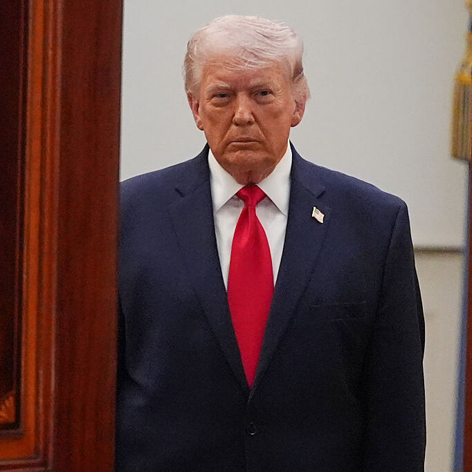 U.S. President Donald Trump arrives to speak in the Cross Hall of the White House on April 1, 2026
