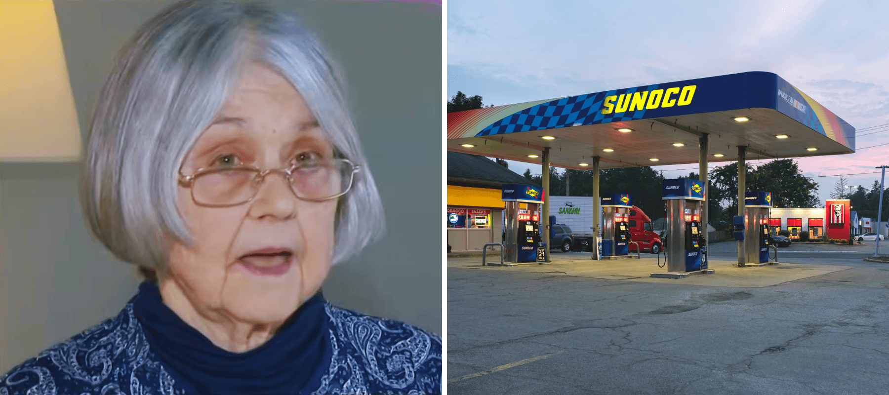 Mignon Adams and a Sunoco gas station.