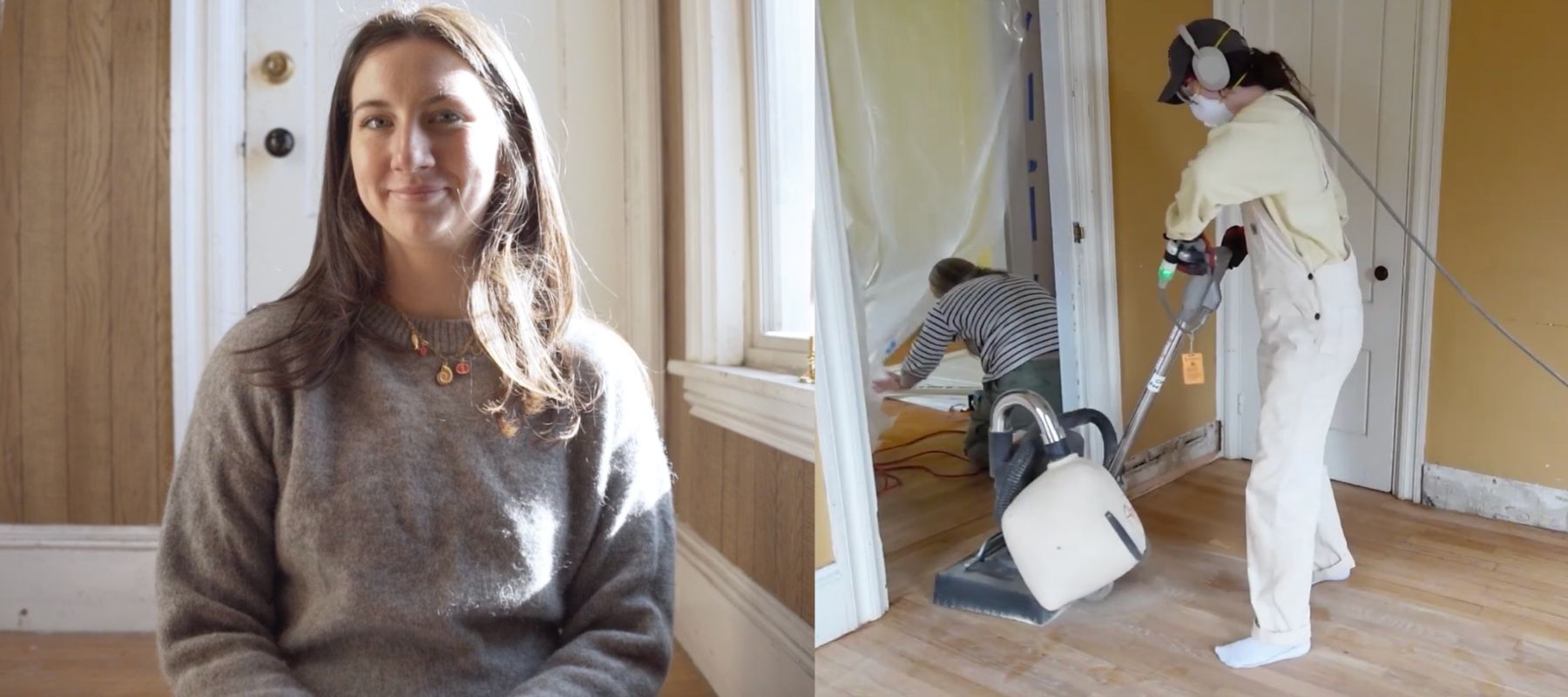 Young woman smiling and an image of a young woman doing home renovations