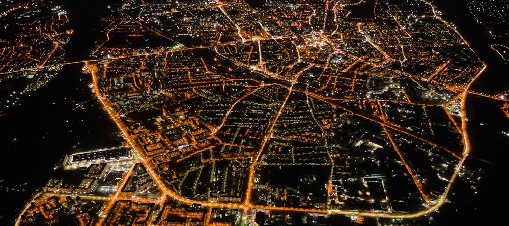 Power grid from an aerial view at night