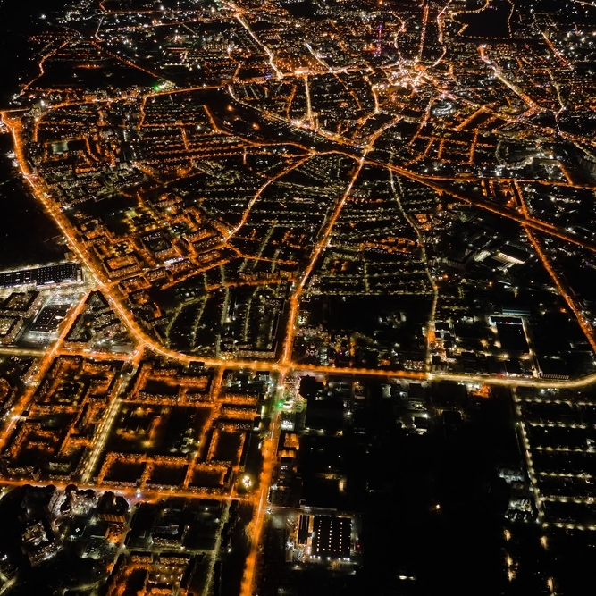 Power grid from an aerial view at night