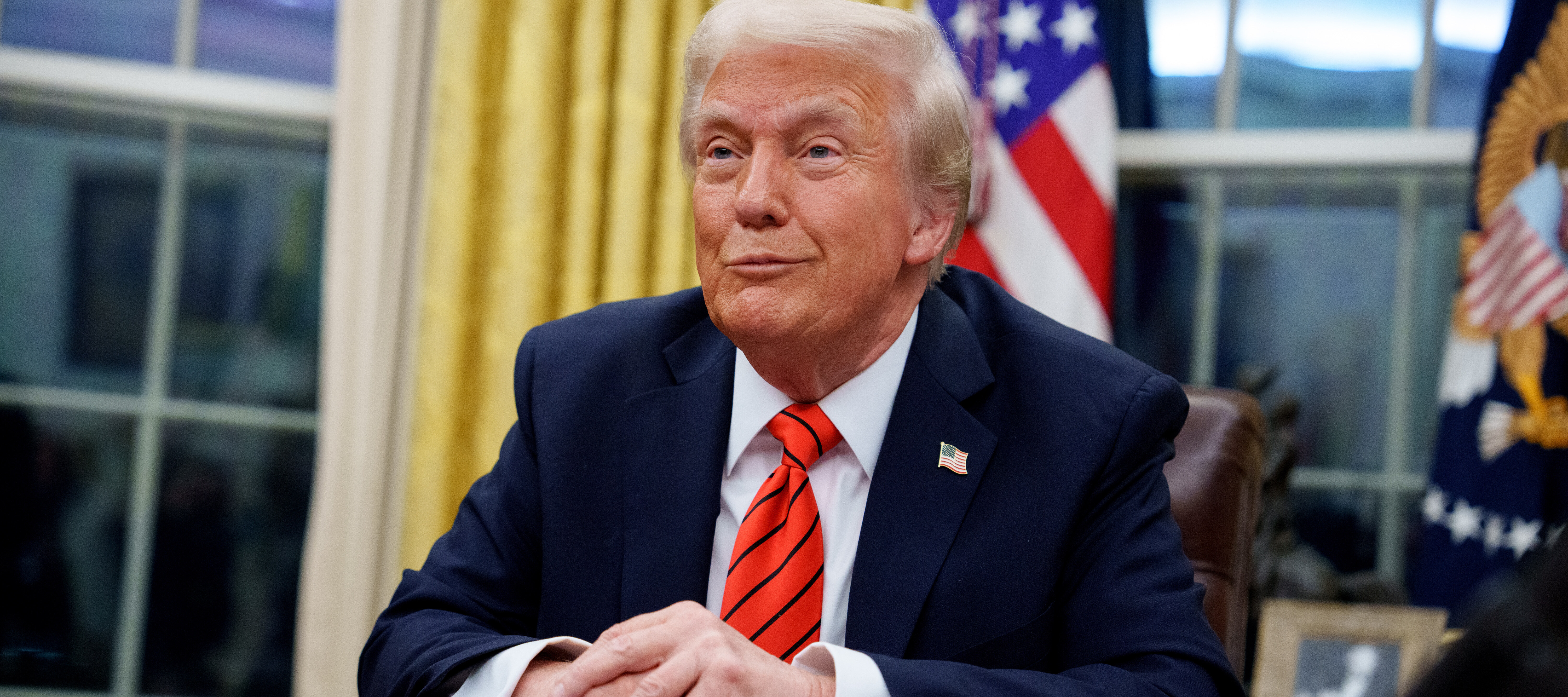 President Trump speaks with the media inside the Oval Office.