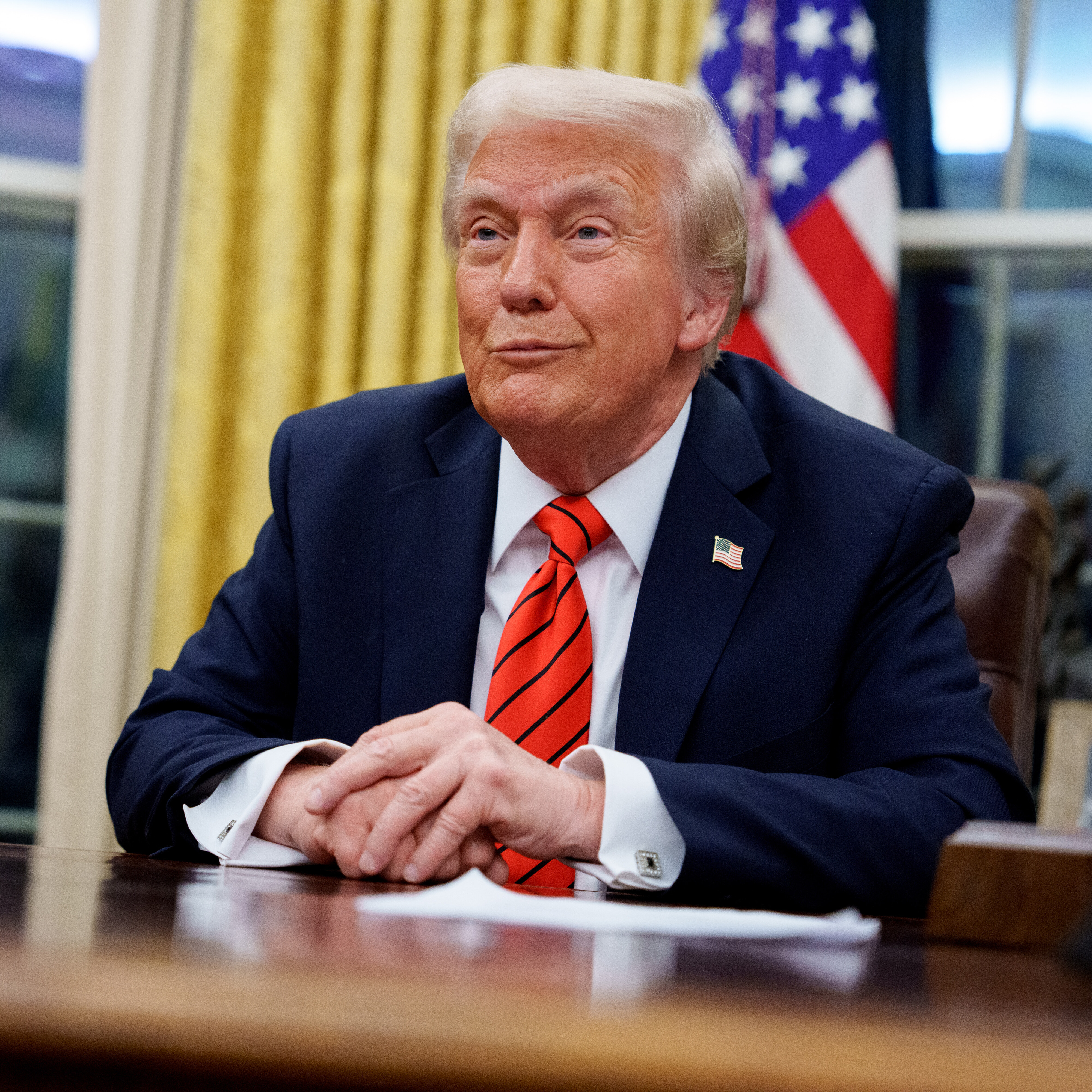 President Trump speaks with the media inside the Oval Office.