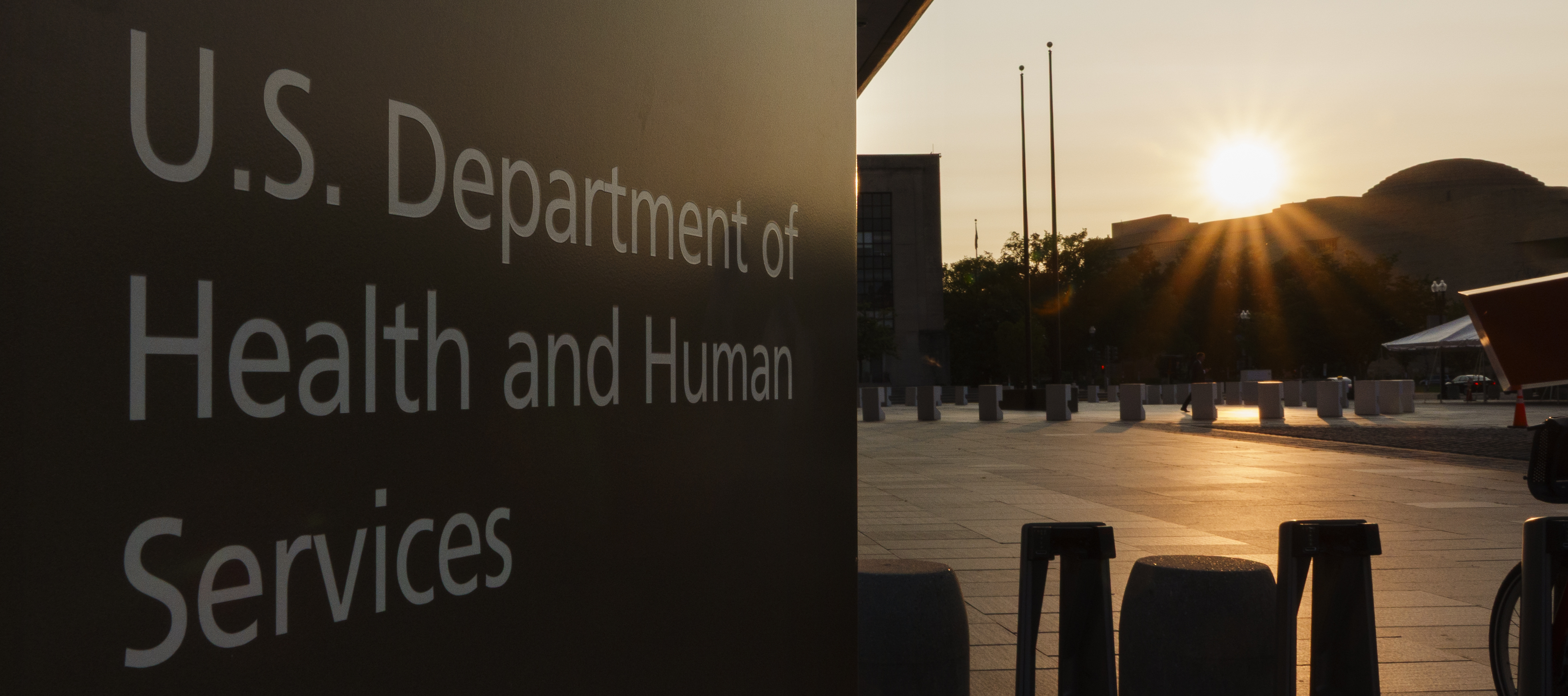 A sign is displayed outside of the U.S. Department of Health and Human Services (HHS) headquarters at the Hubert H. Humphrey Building.