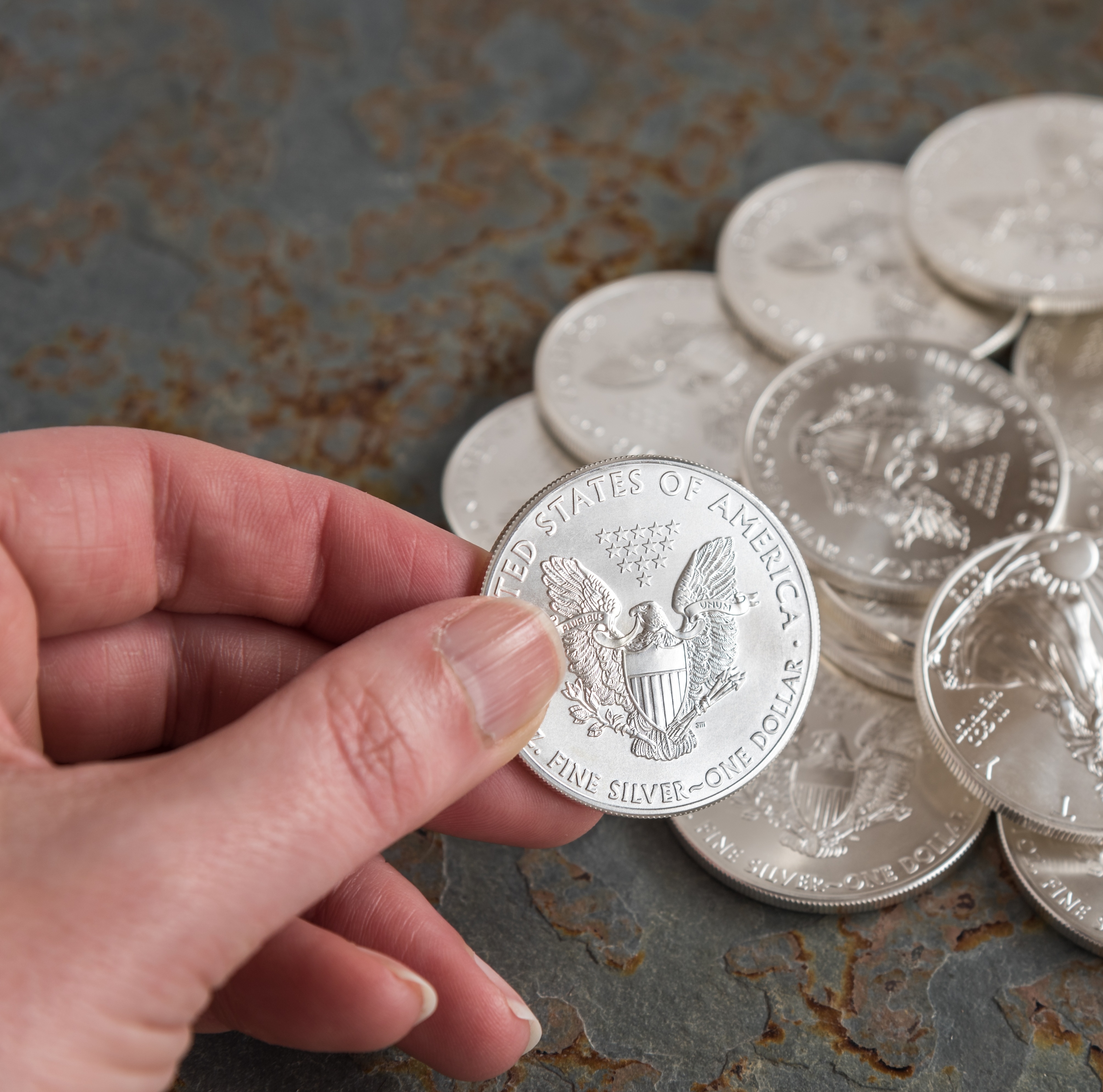 Person's hand holding a U.S. silver coin.