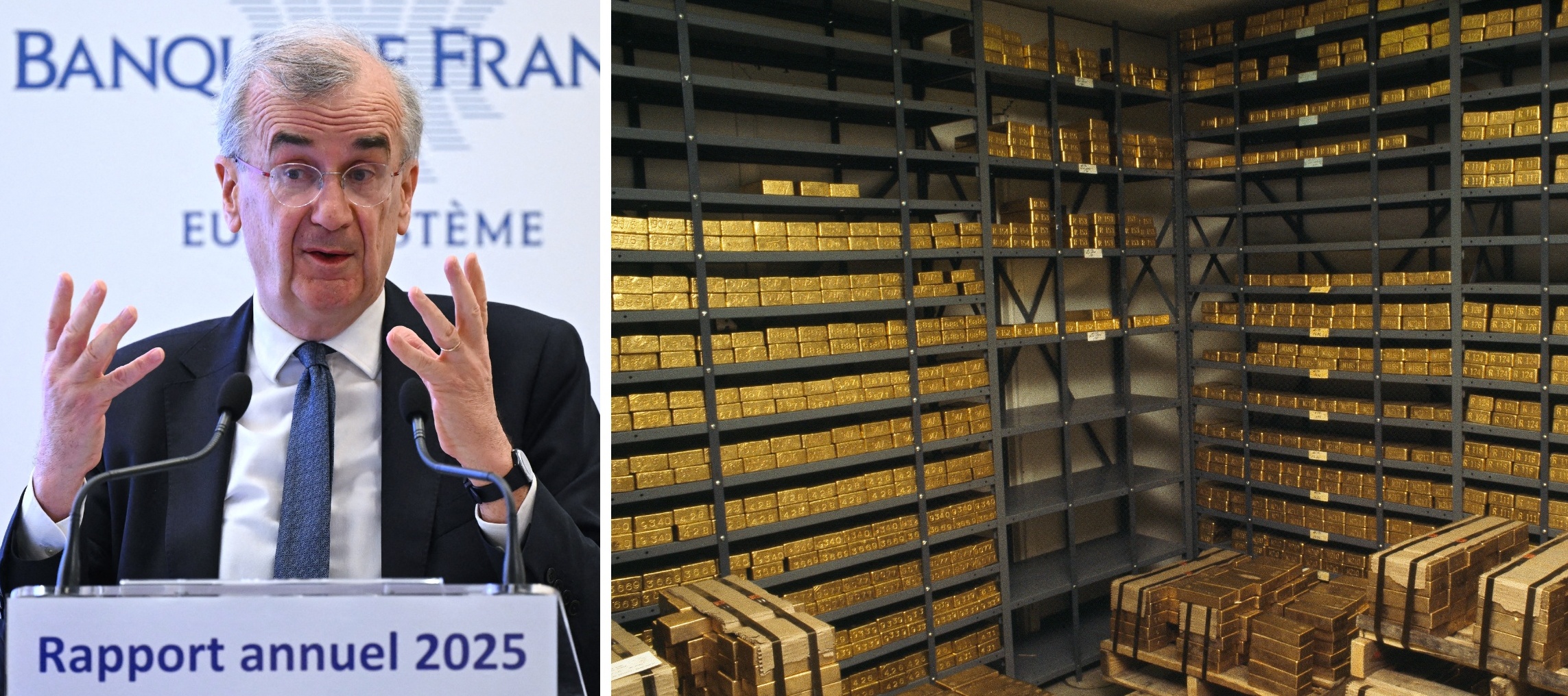 A compilation image of Governor of the Bank of France Francois Villeroy de Galhau and bars of gold in the vault of the Bank of New York.