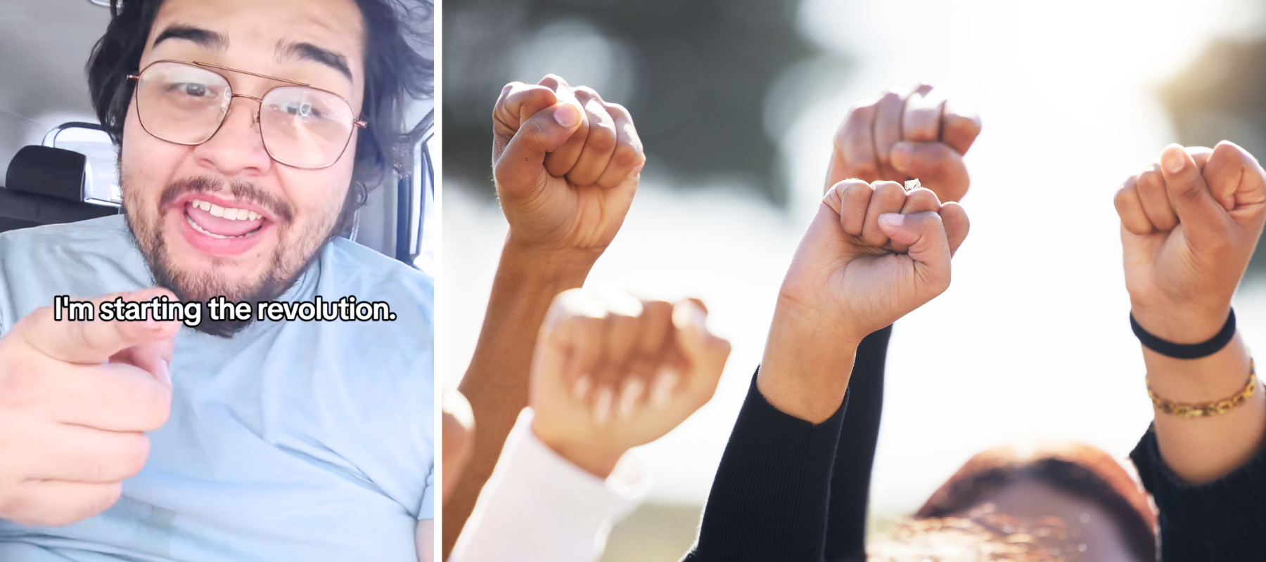 A screenshot of Granado-Gomez's TikTok post in which he urges his followers to stop paying their income tax alongside an image of a group of people with raised fists in the air.