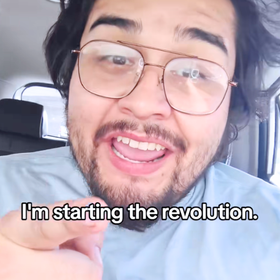 A screenshot of Granado-Gomez's TikTok post in which he urges his followers to stop paying their income tax alongside an image of a group of people with raised fists in the air.