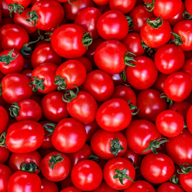 Fresh cherry tomatoes piled together in vibrant red.